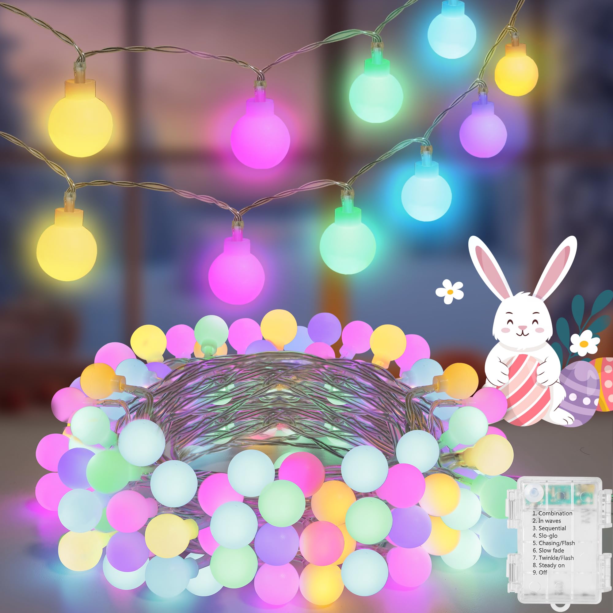 50 LED Globe String Lights - 16.4Ft Easter Pastel Colored Light with 8 Modes, Timer, Waterproof - Fairy Christmas Lighting for O