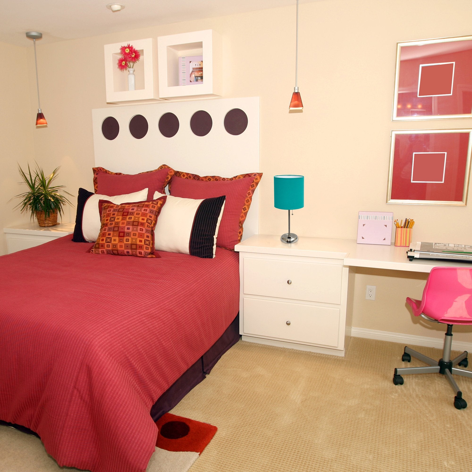 Simple Designs LT2024-TEL Brushed Steel Stick Table Desk Lamp with Charging Outlet and Drum Fabric Shade, Teal Shade (Pack of 4)