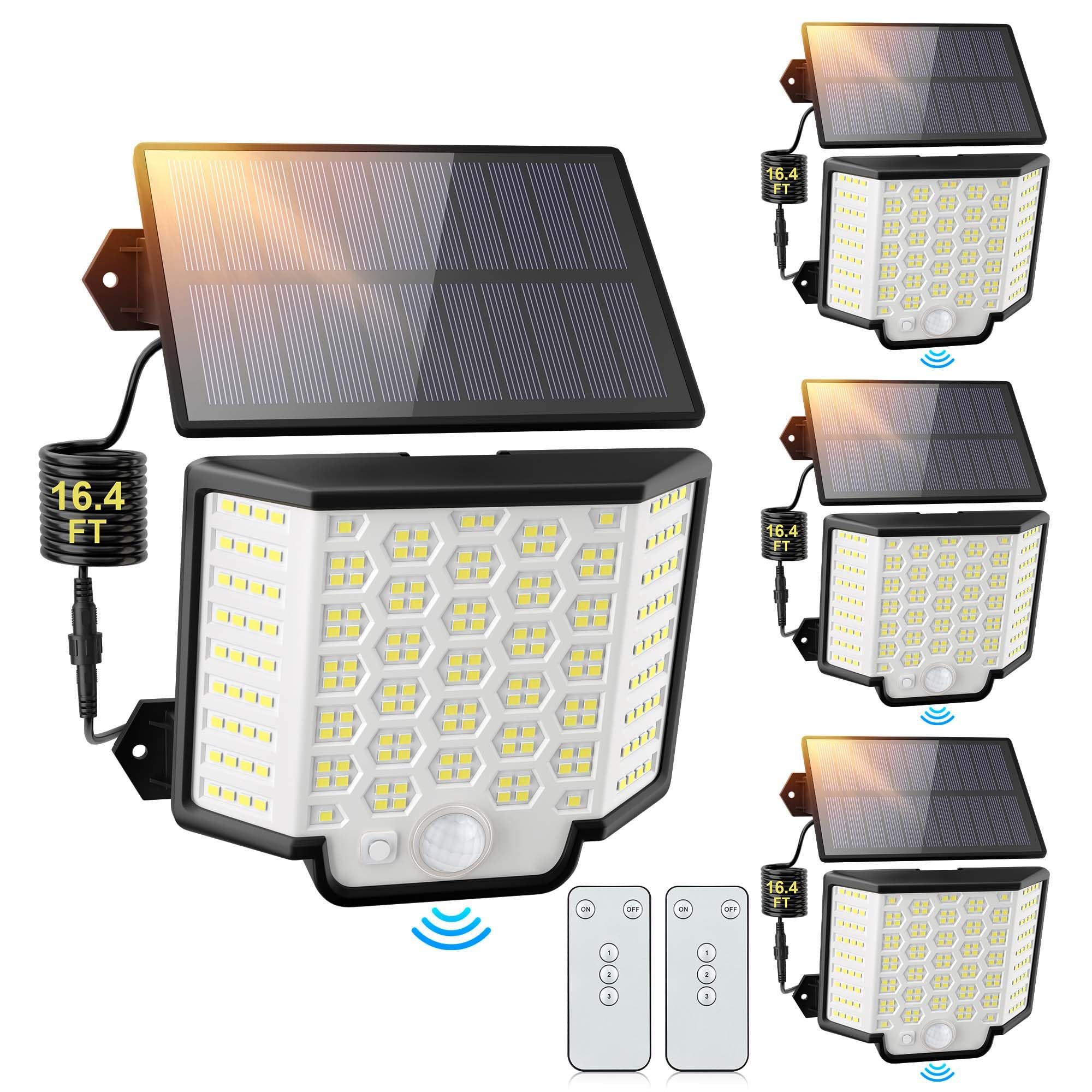 Yolovis Solar Lights Outdoor Waterproof, 186 Bright Leds Dusk To Dawn Motion Security Flood Lights With Remote For Outside, Garage,Yard,Patio, 4 Pack