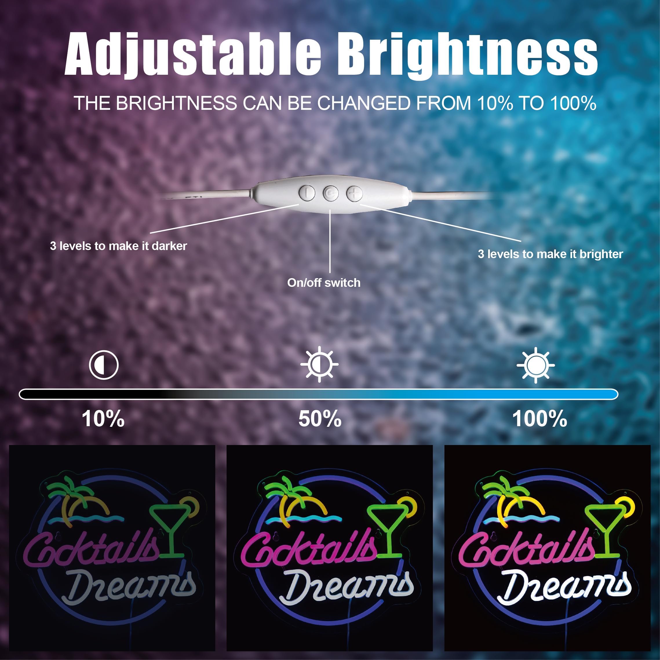 Roouneon Neon Sign Cocktails And Dreams Wall Decor Light For Bedroom Bar Art, Dimmable Led