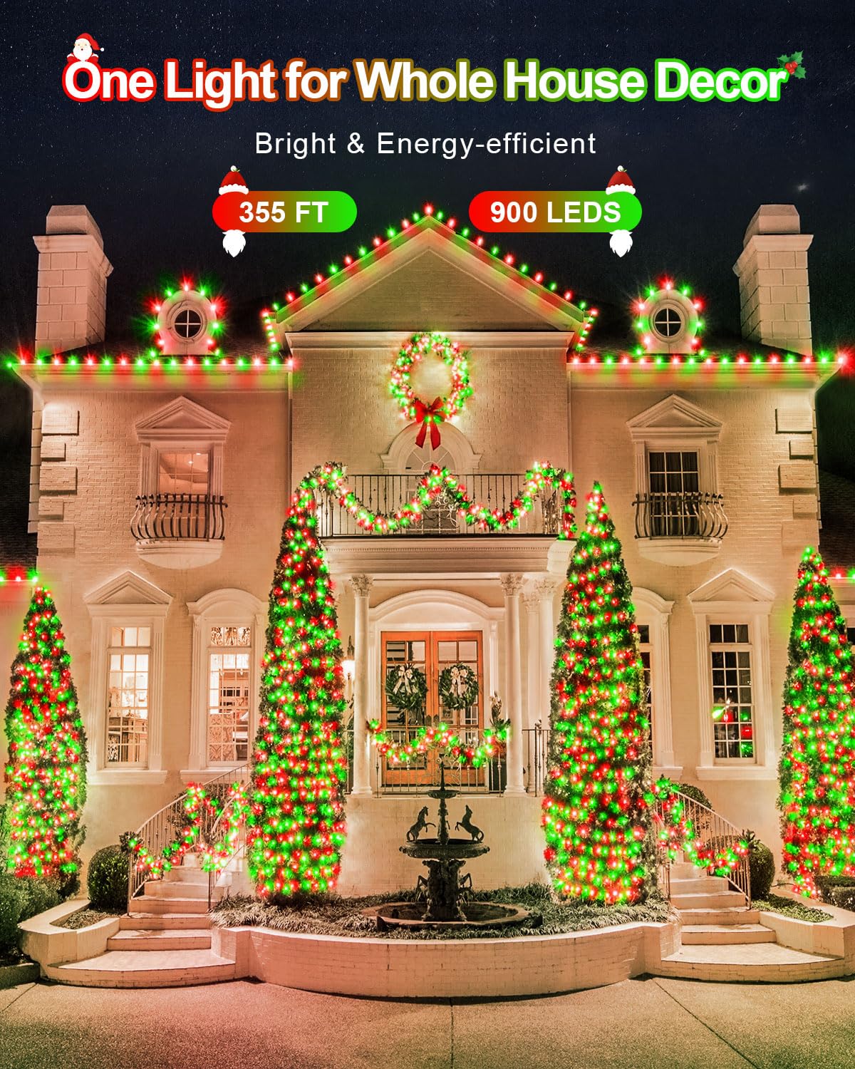 JIXXULVU 355FT 900 LED Christmas Lights, Waterproof, 8 Modes, Red and Green, Indoor/Outdoor, Model 300L