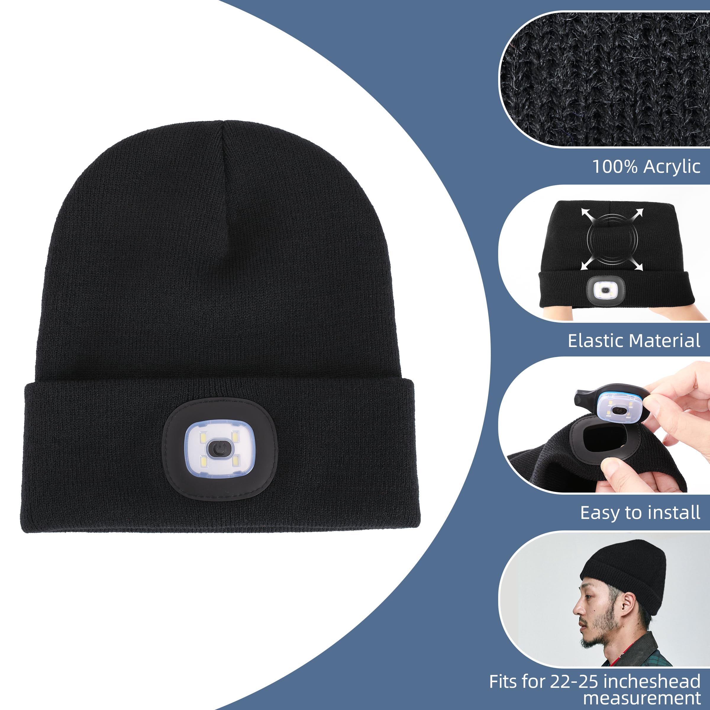 Ymhb Unisex Beanie Hat With Light, Usb Rechargeable Led Headlamp Hat Night Light Cap Christmas Stocking Stuffers Gifts For Men D