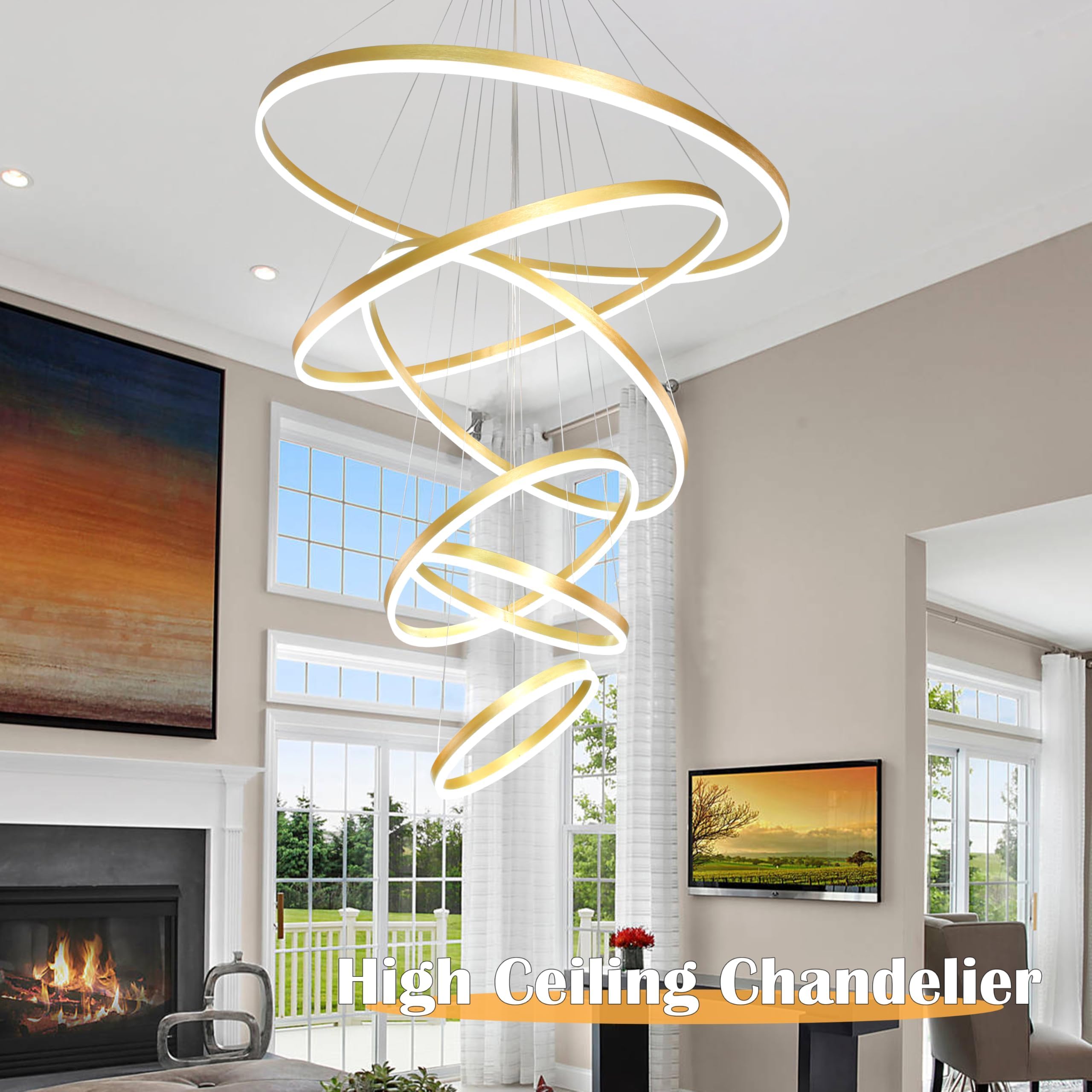 Mccokaige 6 Rings Pendant Lights 47.2'' Modern Gold Led Chandelier Dimmable Height Adjustable Chandeliers Color Temperature Gold