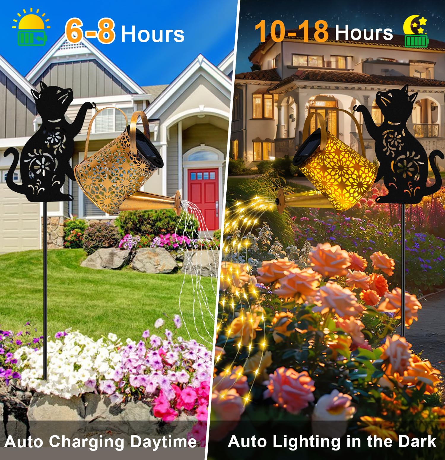 Ostritec Solar Lights Outdoor Decorative Watering Can with Cat Silhouette Garden Stakes, Waterproof Metal Yard Art