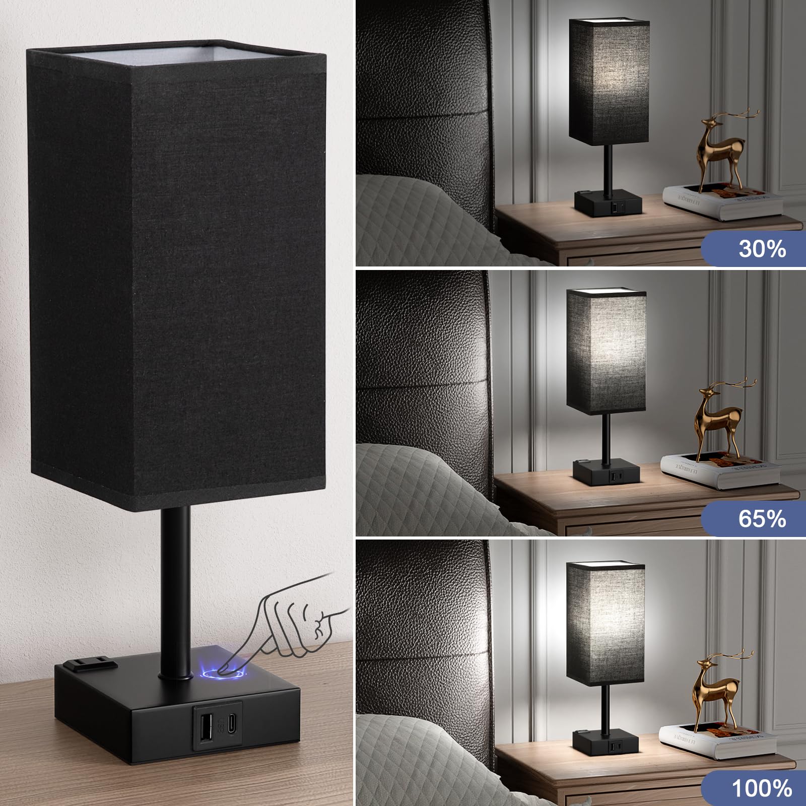 Aooshine Black Lamp For Nightstand - Touch Table Lamp With Type C + A And Ac Outlet, Square Charging Lamps For Bedroom Decor, Sm