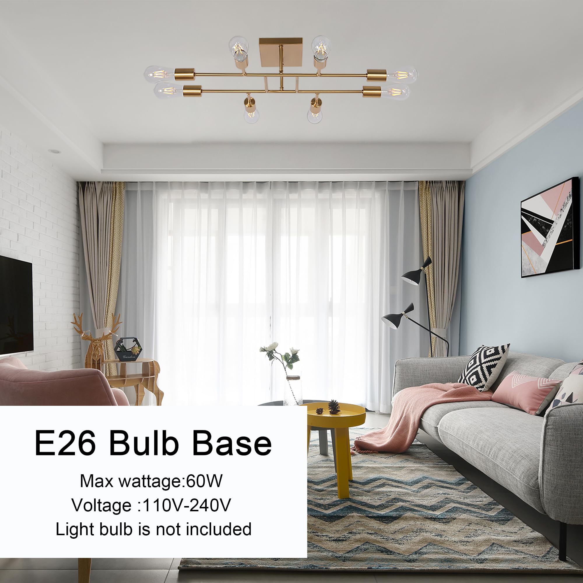 Tuluce Mid Century Modern Ceiling Lighting Fixture Industrial Semi Flush Mount Light Ceiling Brushed Brass 8 Light Kitchen Light