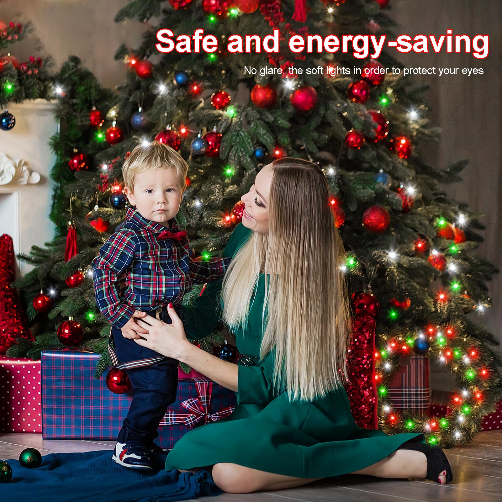 Echosari 2 Pack Red White And Green Christmas Fairy Lights Battery Operated, 200 Led 66Ft Silver Wire Starry String Lights Auto Timer 8 Modes Waterproof Mini Lights For Wreath Diy Fence Decor