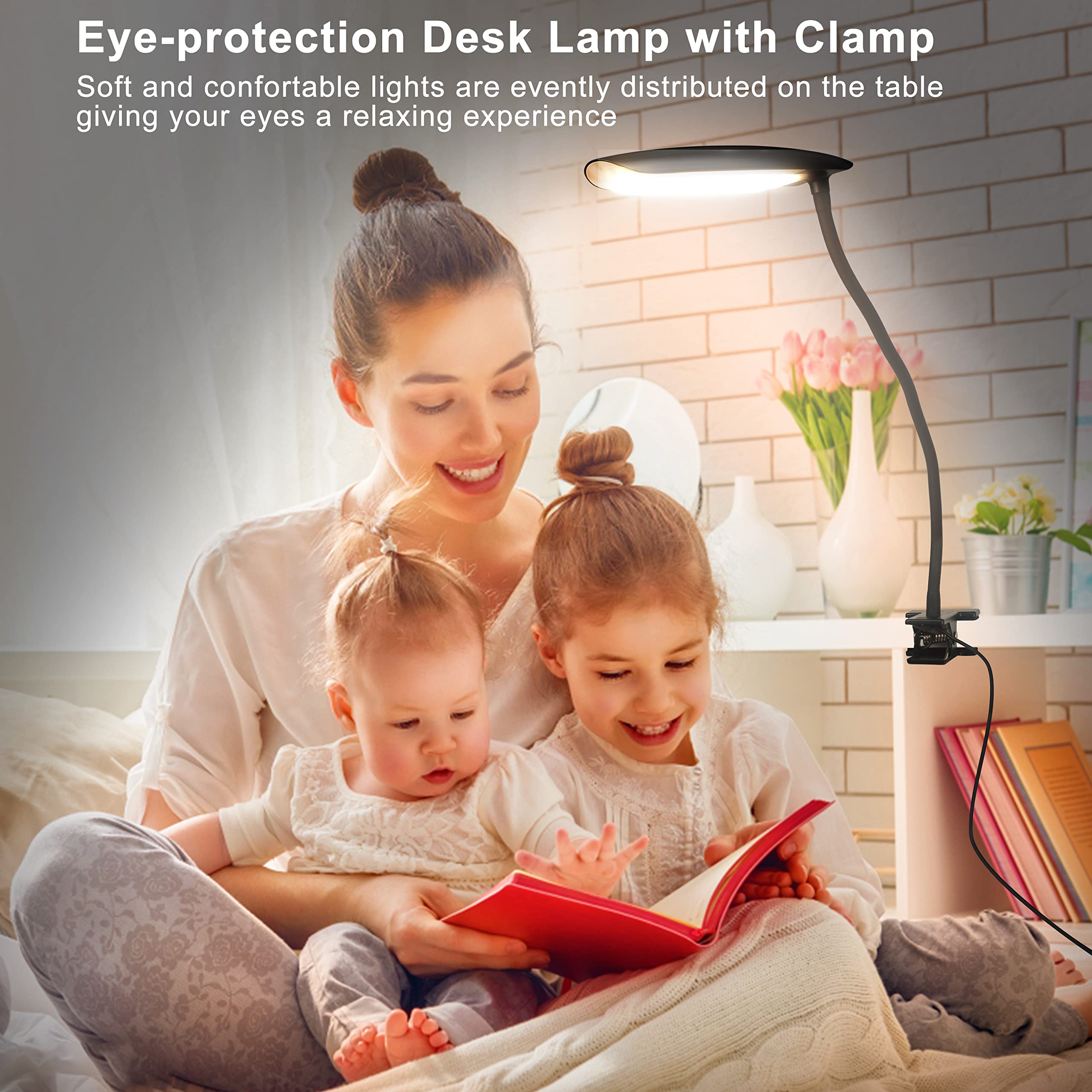 LiFMIRA Clip-On Lamp, USB Reading Light, 3 Color Modes, 10 Brightness Levels, 8W, Flexible Gooseneck, Matt Black, Eye-Caring Bed Light