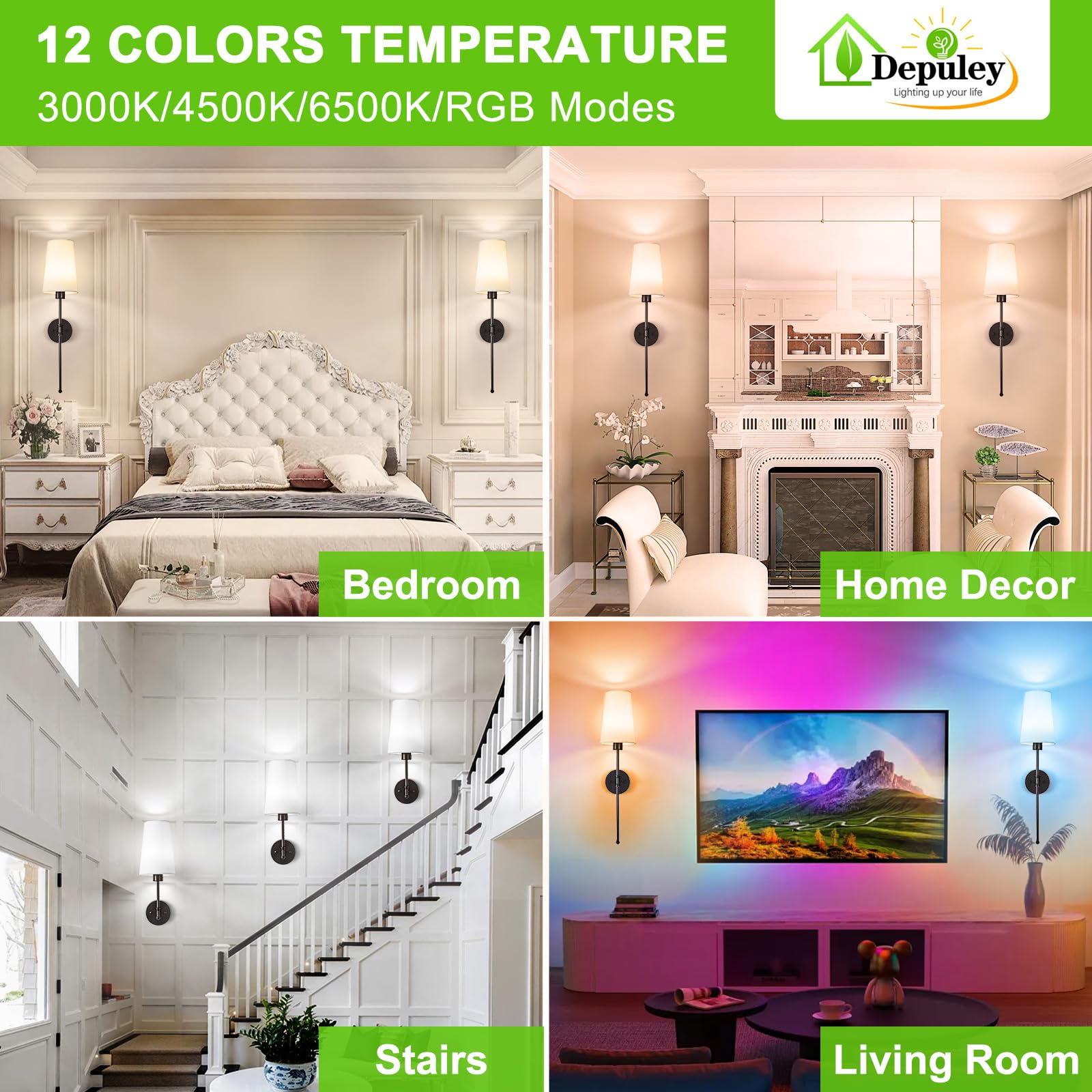 Depuley Battery Operated Wall Sconce - 27" Wireless Lights with Remote, Rechargeable, 15 Colors, Black Metal, Set of 2 for Bedroom Decor