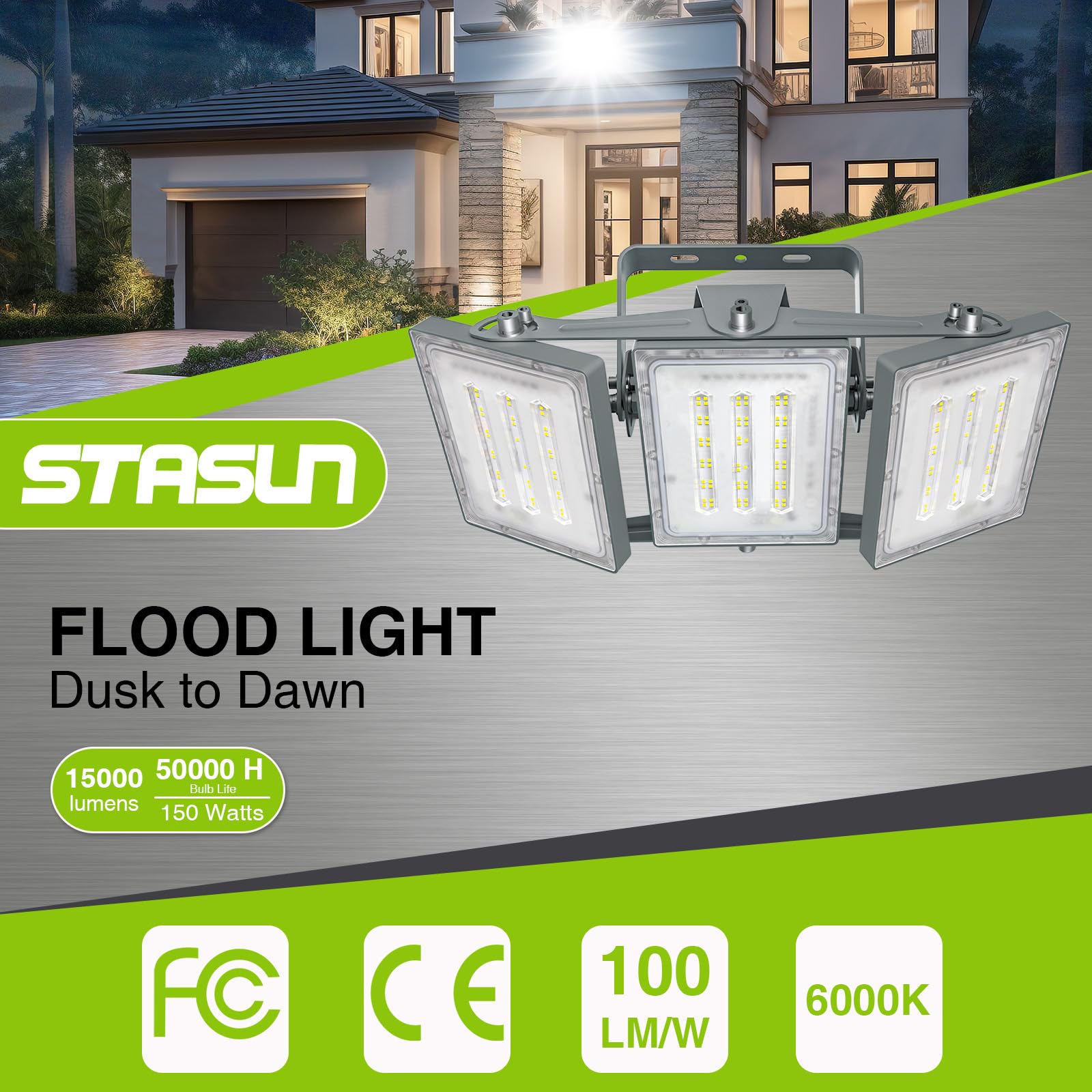STASUN LED Flood Light 150W 15000LM 6000K IP66 Waterproof Adjustable Gray US18-20166