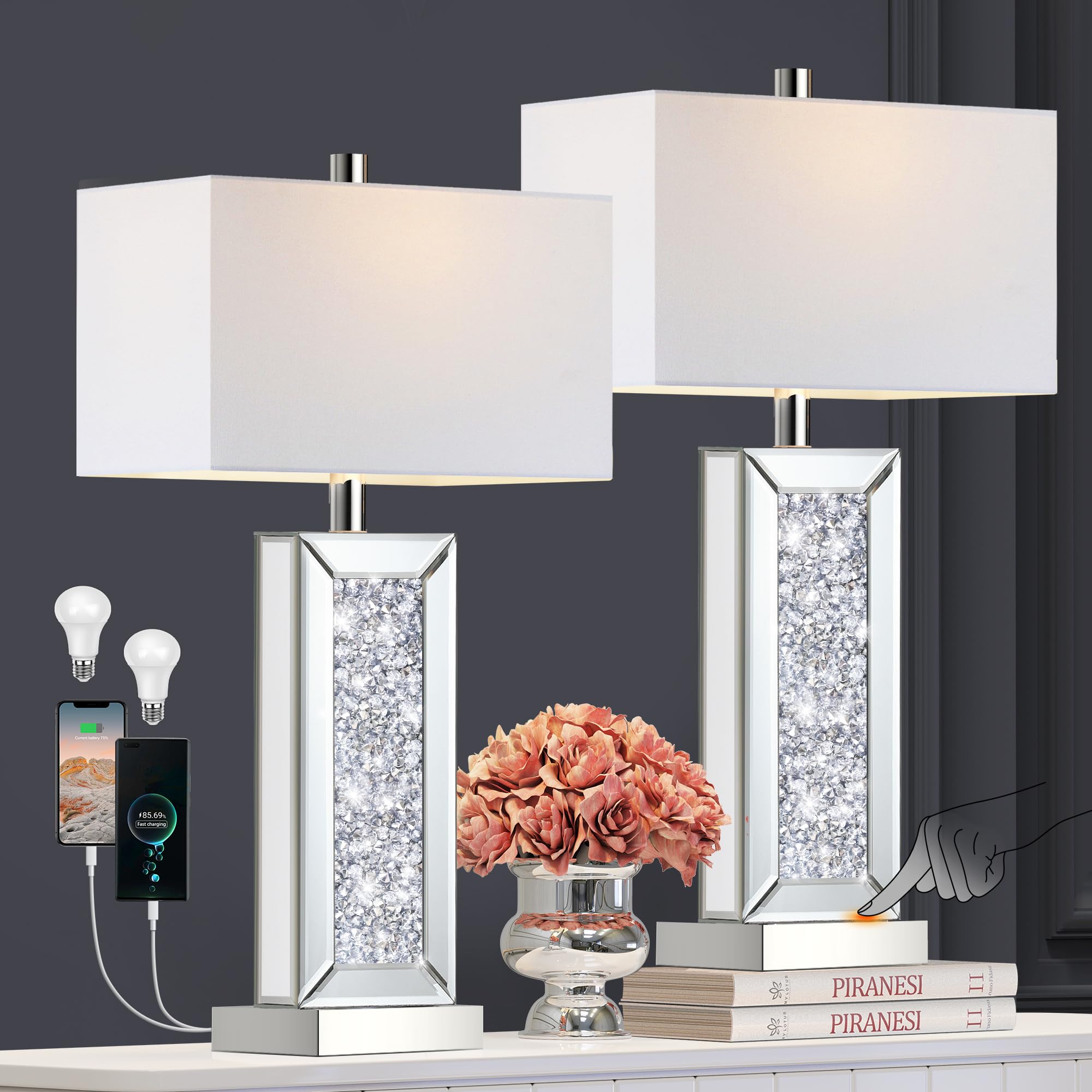 PARTPHONER Modern Table Lamp Set of 2, Silver Diamond Crystal, Touch Control, USB Ports, 3-Way Dimmable, White Fabric Shade, Model TL021B
