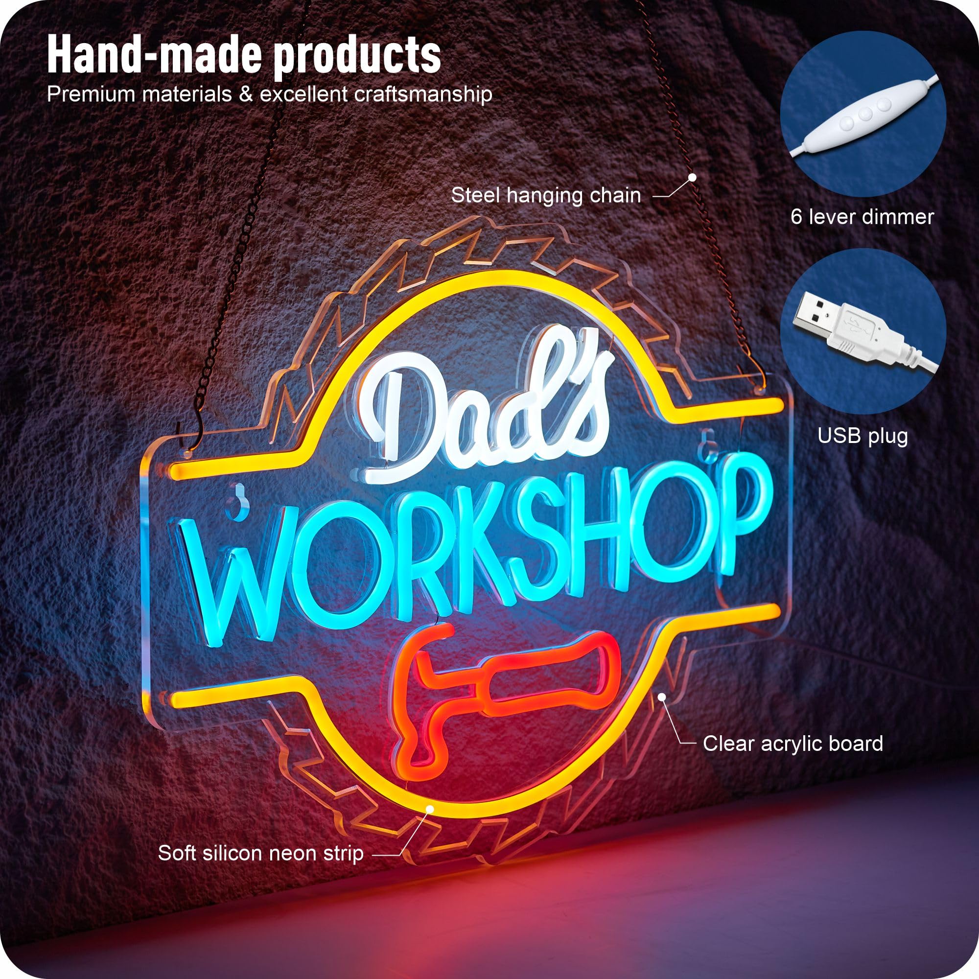 IMTATTO Dad's Workshop Neon Sign - LED Wall Decor for Garage, 16.4 x 12.6 in, White Orange, Acrylic/Steel, Model IMTATTO WORKSHOP
