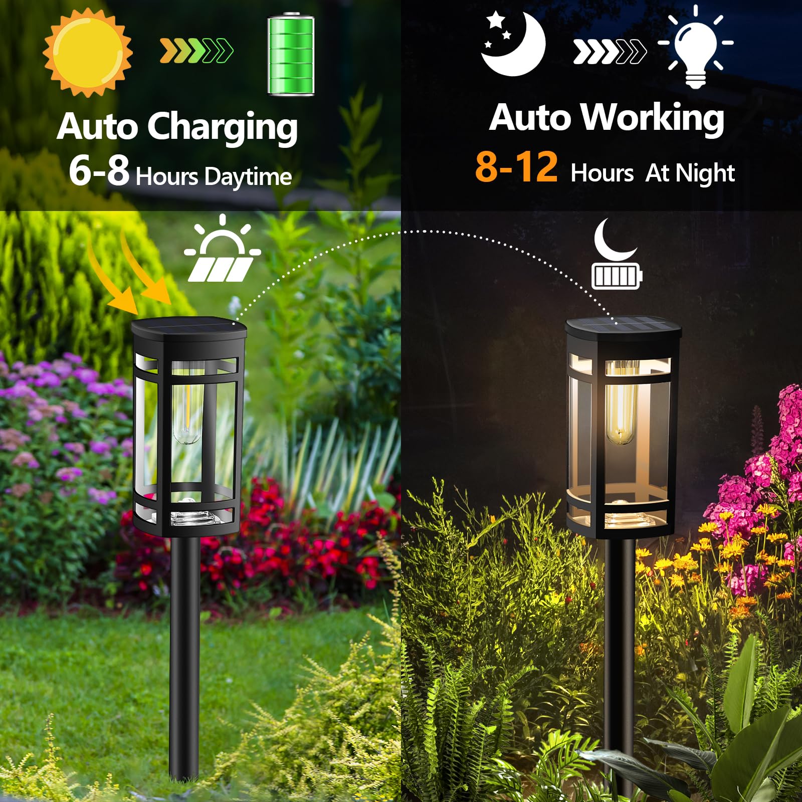 EXCMARK 16 Pack Solar Lights - Waterproof Garden Pathway Lighting, Warm White, Black, Model HR24WH08
