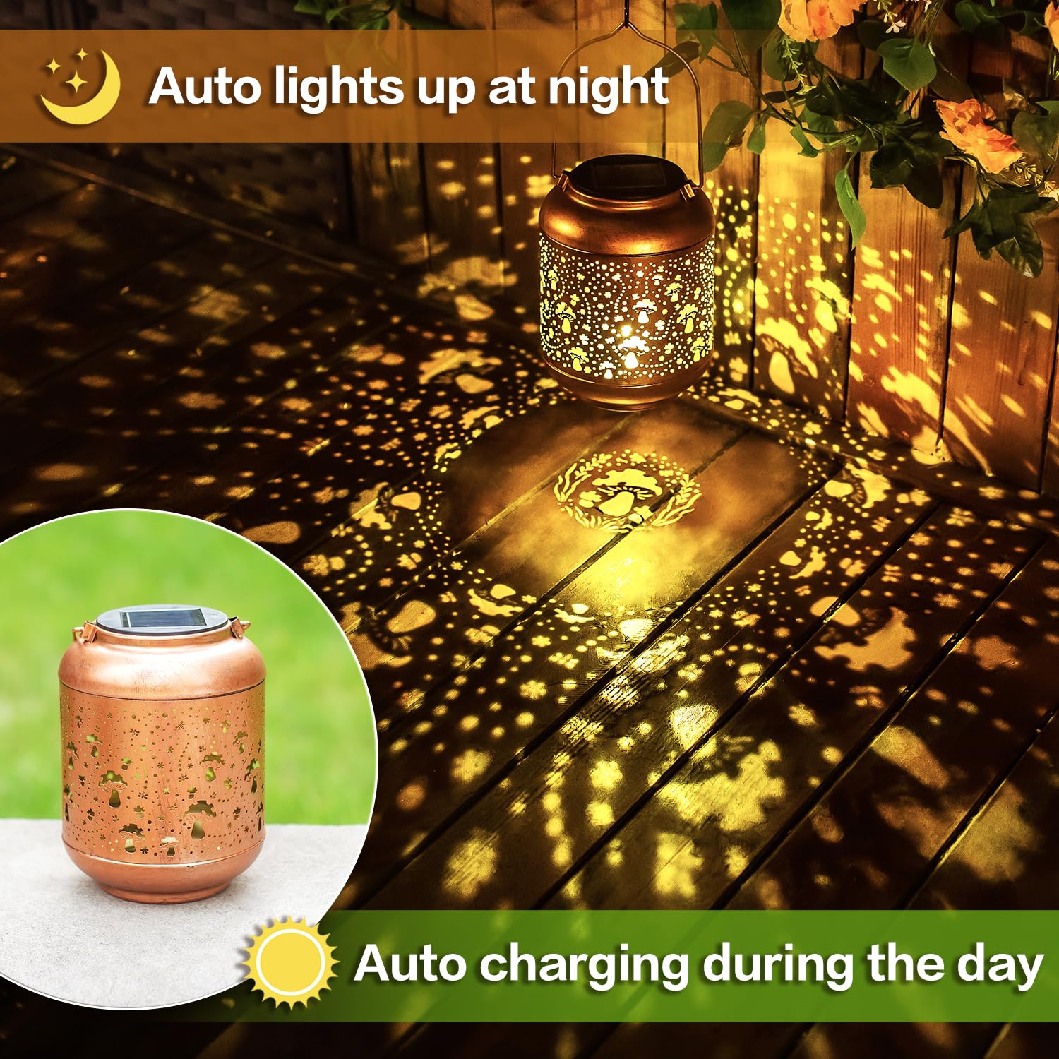 2 Pack Mushroom Solar Lanterns Outdoor Waterproof Hanging Solar Lights Mushroom Gifts For Women Men Mom Metal Decorative Led Out