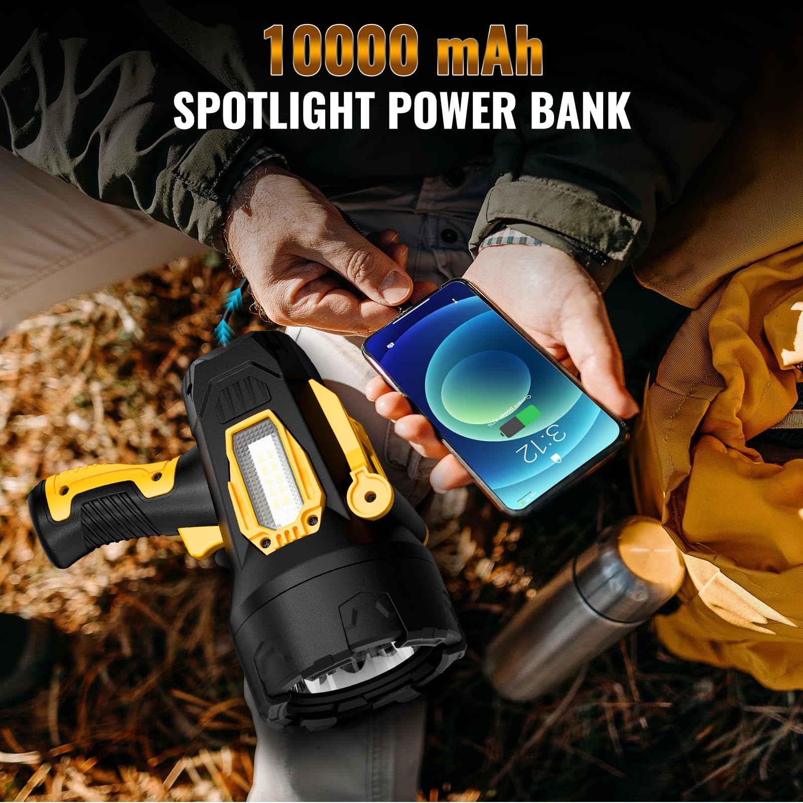 BEFAMALI Rechargeable Spotlight 99000 Lumens LED Flashlight with COB Light & Tripod, 10000mAh, Black, Model W5225
