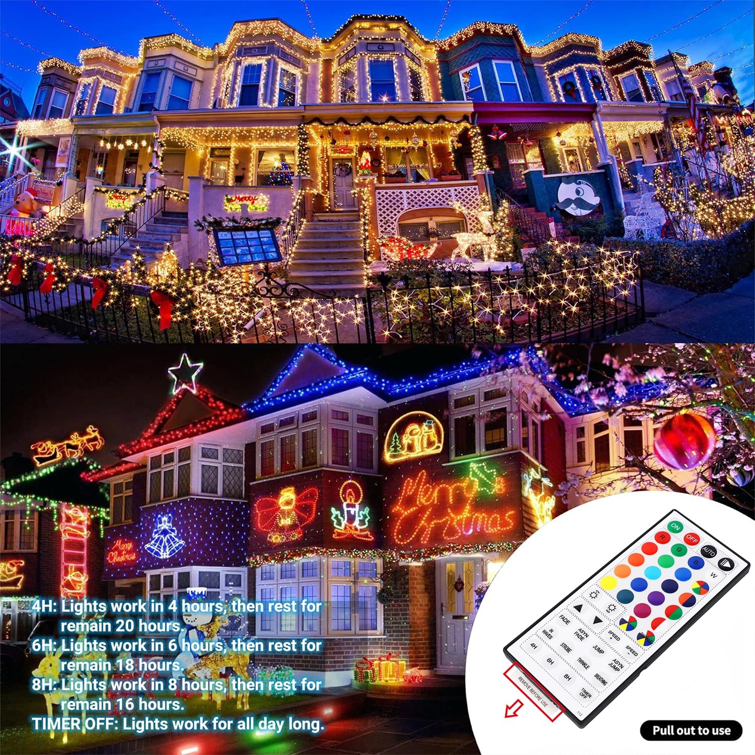 HOME LIGHTING 66ft LED Christmas Mini Lights, 200 RGB Colors, 7 Functions, Green Wire, Indoor/Outdoor Decor, Model HB-200COI