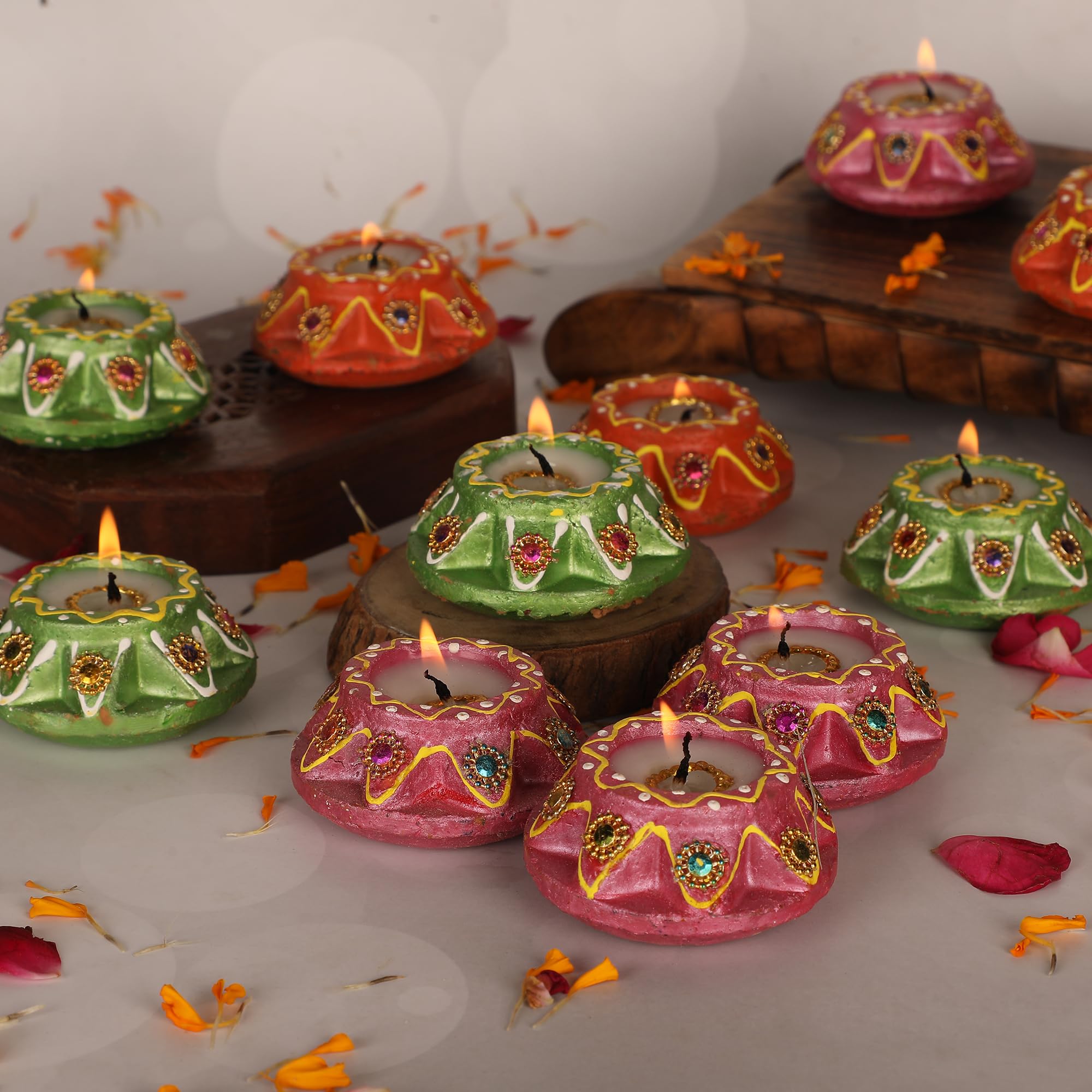 4OUR FAITH Multicolor Clay MATKI Wax Filled Decorated Diya | Diwali PUJA Pooja Handmade Dia | Terracotta EARTHEN Diya Handpainte