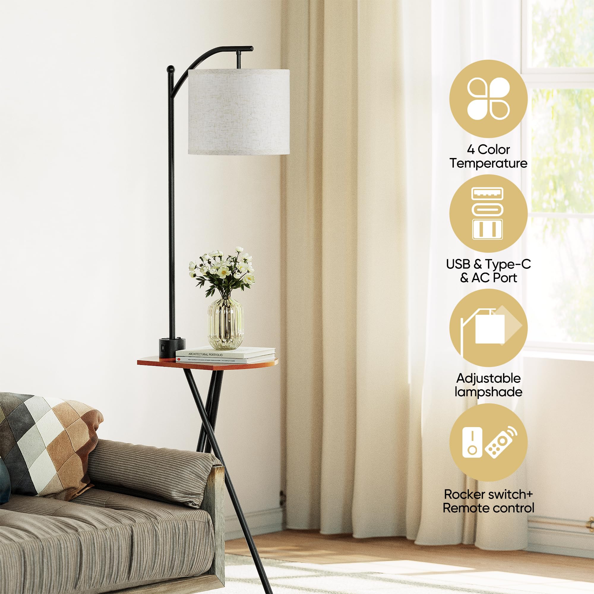 ROTTOGOON Floor Lamp with Table, Remote Control, USB & AC Ports, 4 Color Temperatures, Black, Model ROFP092AB1