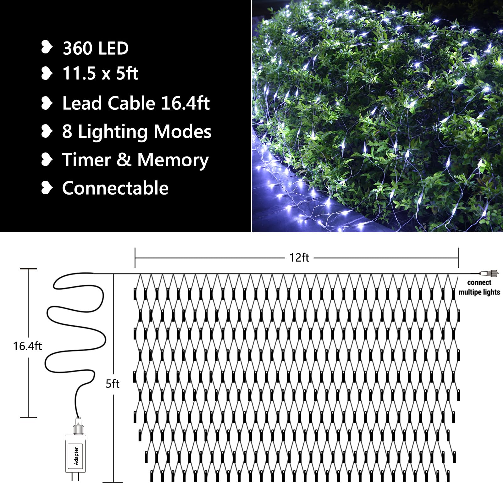 Jnaurb 11.5ft x 5ft Christmas Net Lights, 360 LED, Waterproof, 8 Modes, White, Model LED08230390 for Outdoor/Indoor Decorations