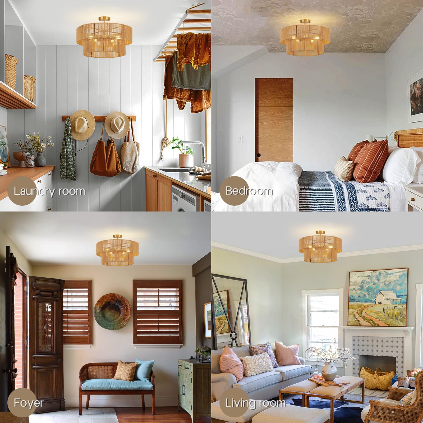 Clarsyne 22  Boho 2-Tier Rattan Ceiling Light Fixture  5-Light Flush Mount Woven Chandelier For Bedroom  Dining Room  Kitchen  Entryway  Living Room  Rustic Gold Lighting