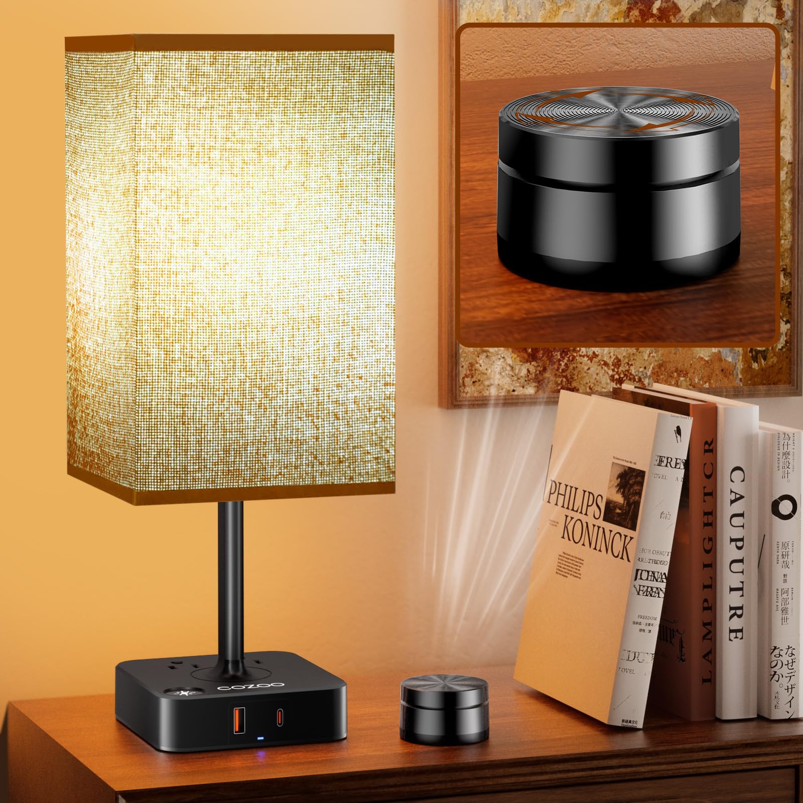 cozoo Bedroom Table Lamp with Remote Operation Control Dimmable Bedside Table Desk Lamps with USB C+A Charging Ports 2 AC Outlets (Brown + Remote)