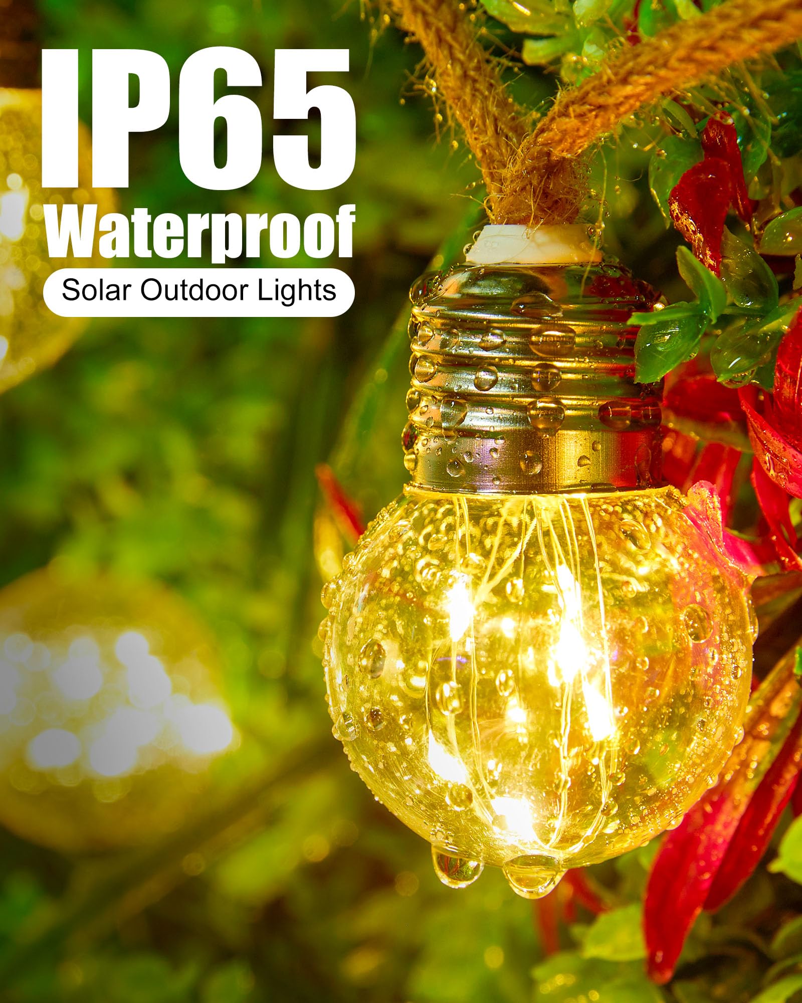 Brightown Solar String Lights Outdoor, 30Ft Vintage Hemp Rope Solar Patio Lights With 15 Shatterproof Bulbs, 8 Light Modes Water