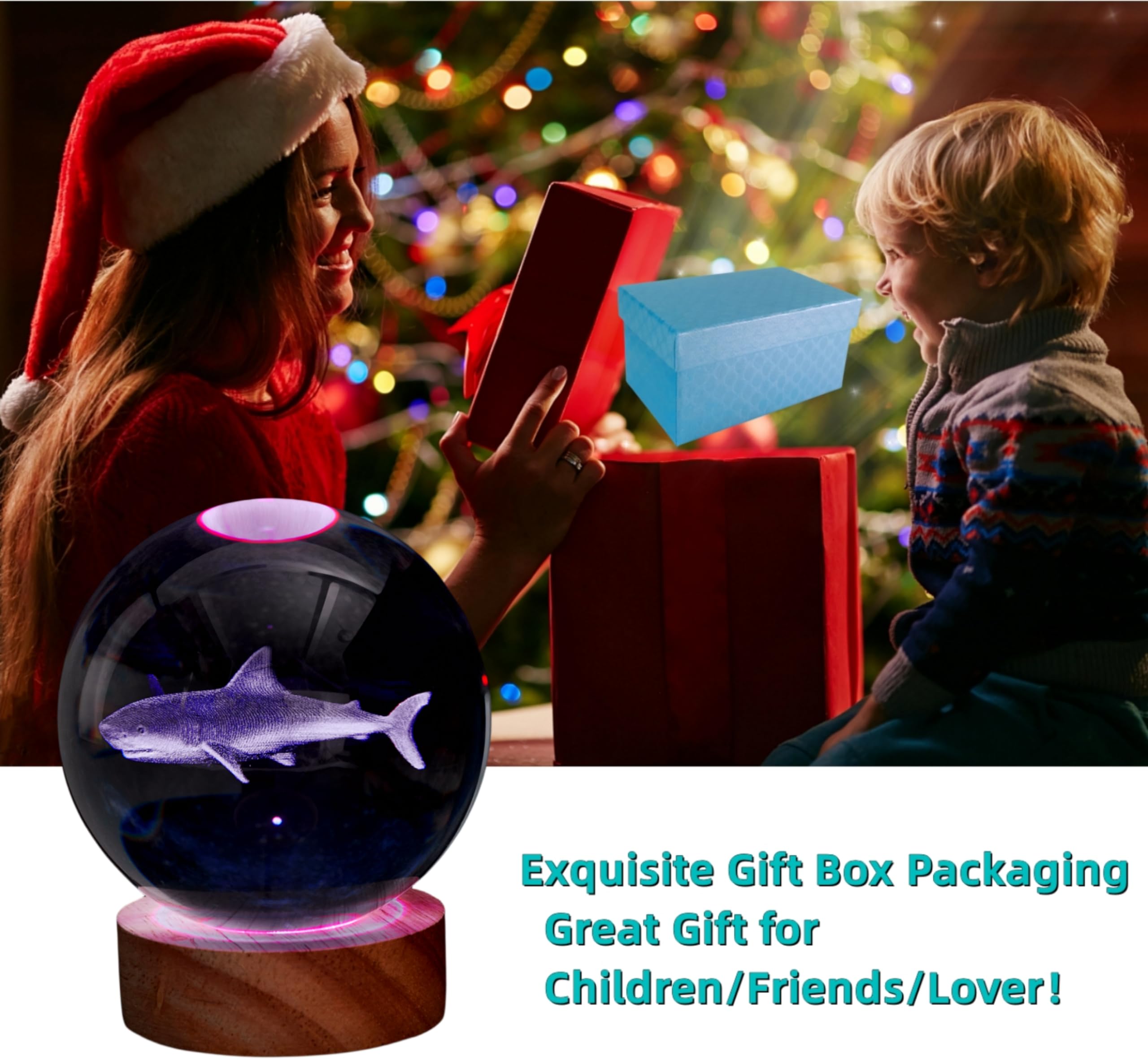 DIGFPWT Shark Crystal Ball Night Light, 3.15 Inch 3D LED Lamp, 16 Colors with Remote, Gift Box Packaging