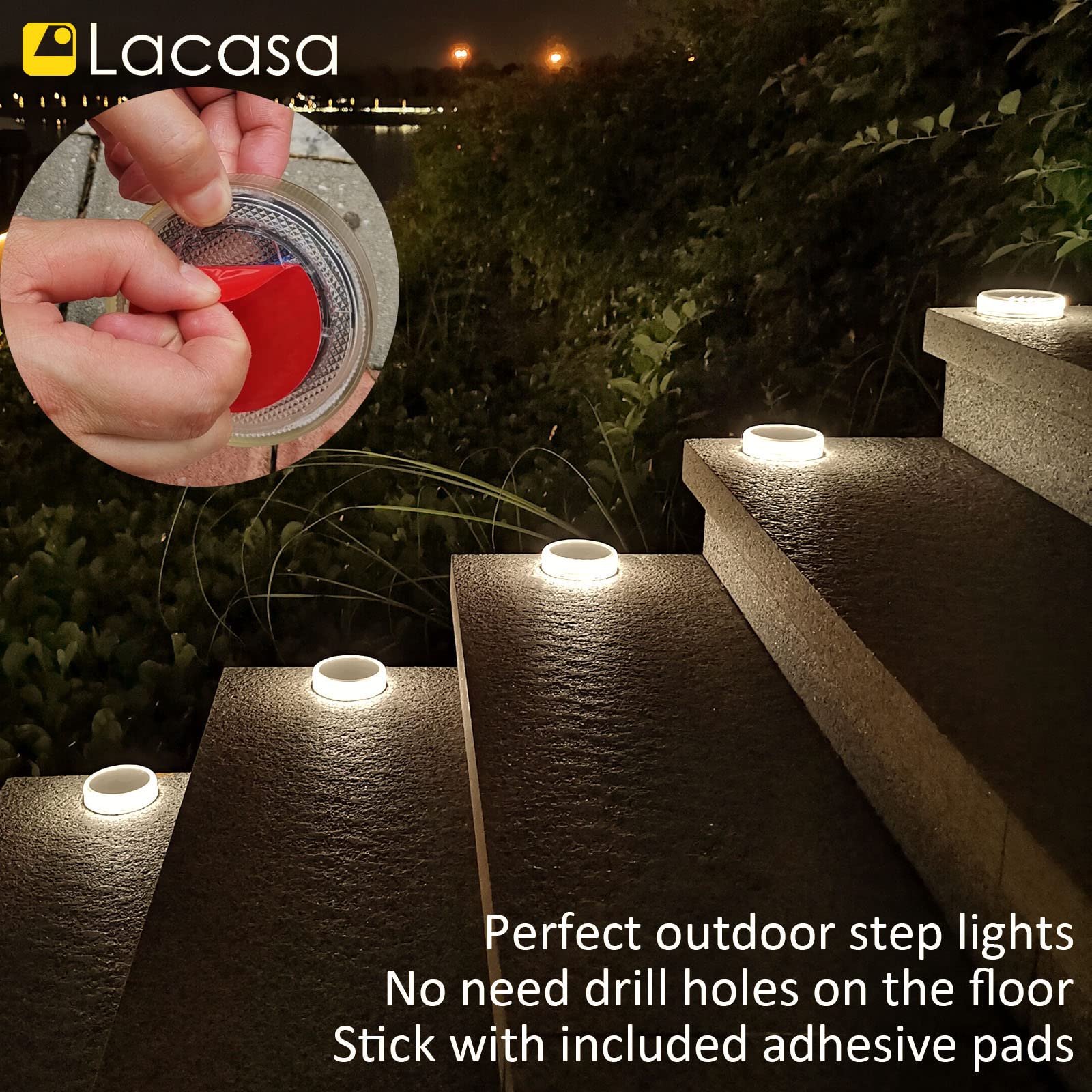 Lacasa Solar Deck Lights - 4 Pack, IP68 Waterproof, 30LM LED Step Lights, Round, Natural White 4000K, Auto ON/OFF