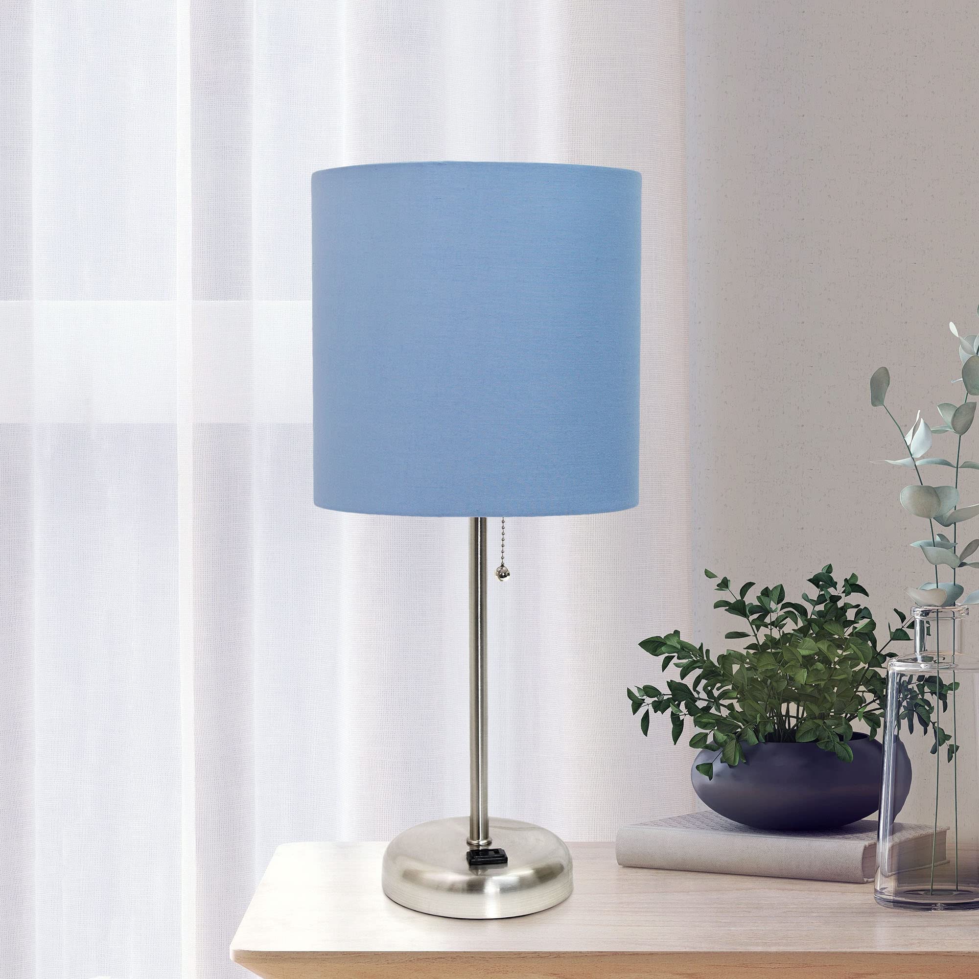 Creekwood Home 19.5&quot; Metal Table Lamp - Brushed Steel With Blue Drum Shade, Contemporary Design
