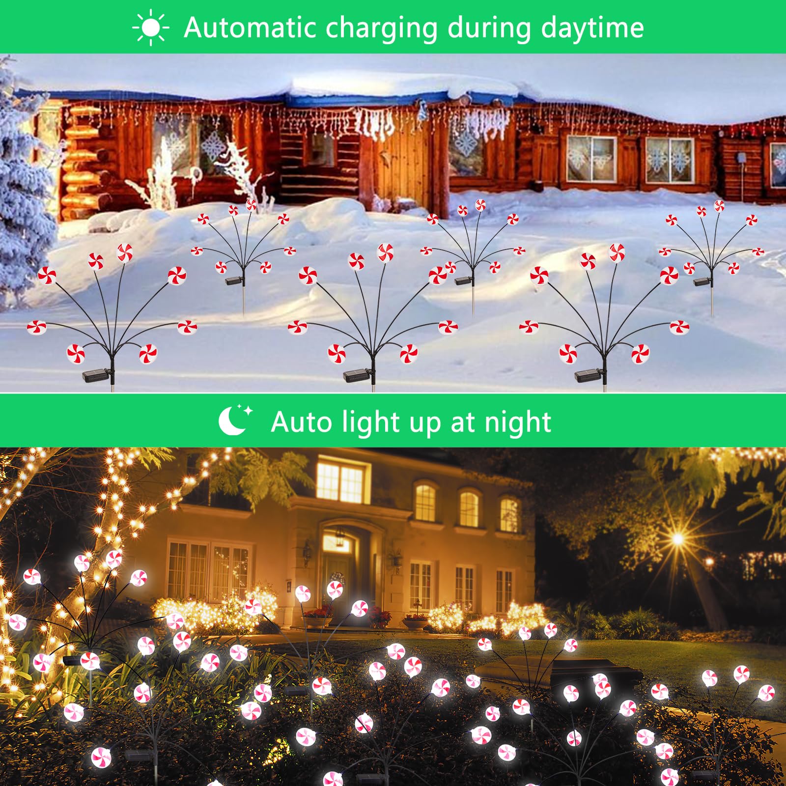 Huyieno Christmas Decorations Outdoor Candy Lights, 4 Packs 32Leds Solar Pathway Lights Swaying By Wind, 2 Modes Waterproof Sola