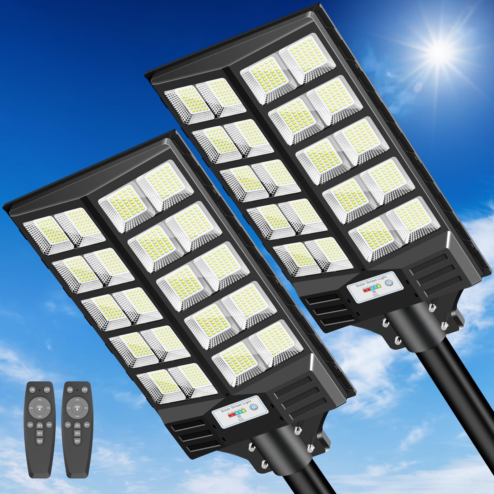 JOYEYE Solar Street Light 5200W, Black Aluminum, Motion Sensor, Dusk to Dawn, 6500K, 2 Pack