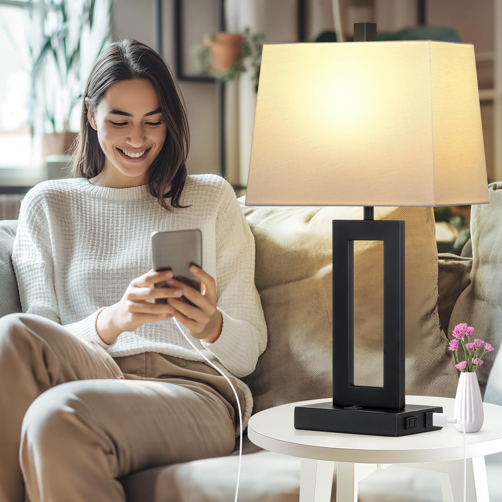 Cinkeda Table Lamp Set of 2 - Modern USB C+A Ports & AC Outlet, Black Shade, Ideal for Bedroom & Living Room, Model TD-CK-376