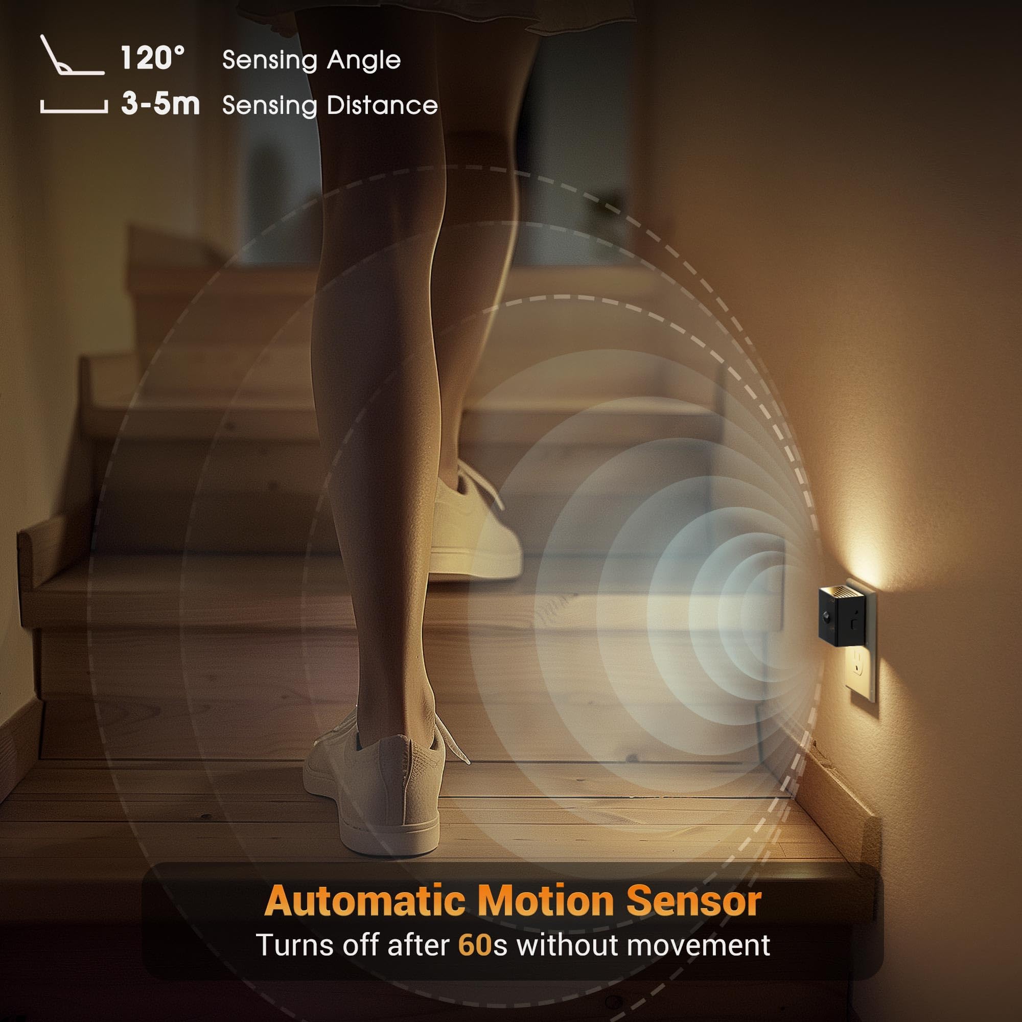 JandCase Motion Sensor Night Light, 3000K Warm White, Plug-in, Adjustable Brightness, 2 Pack, Black-Square