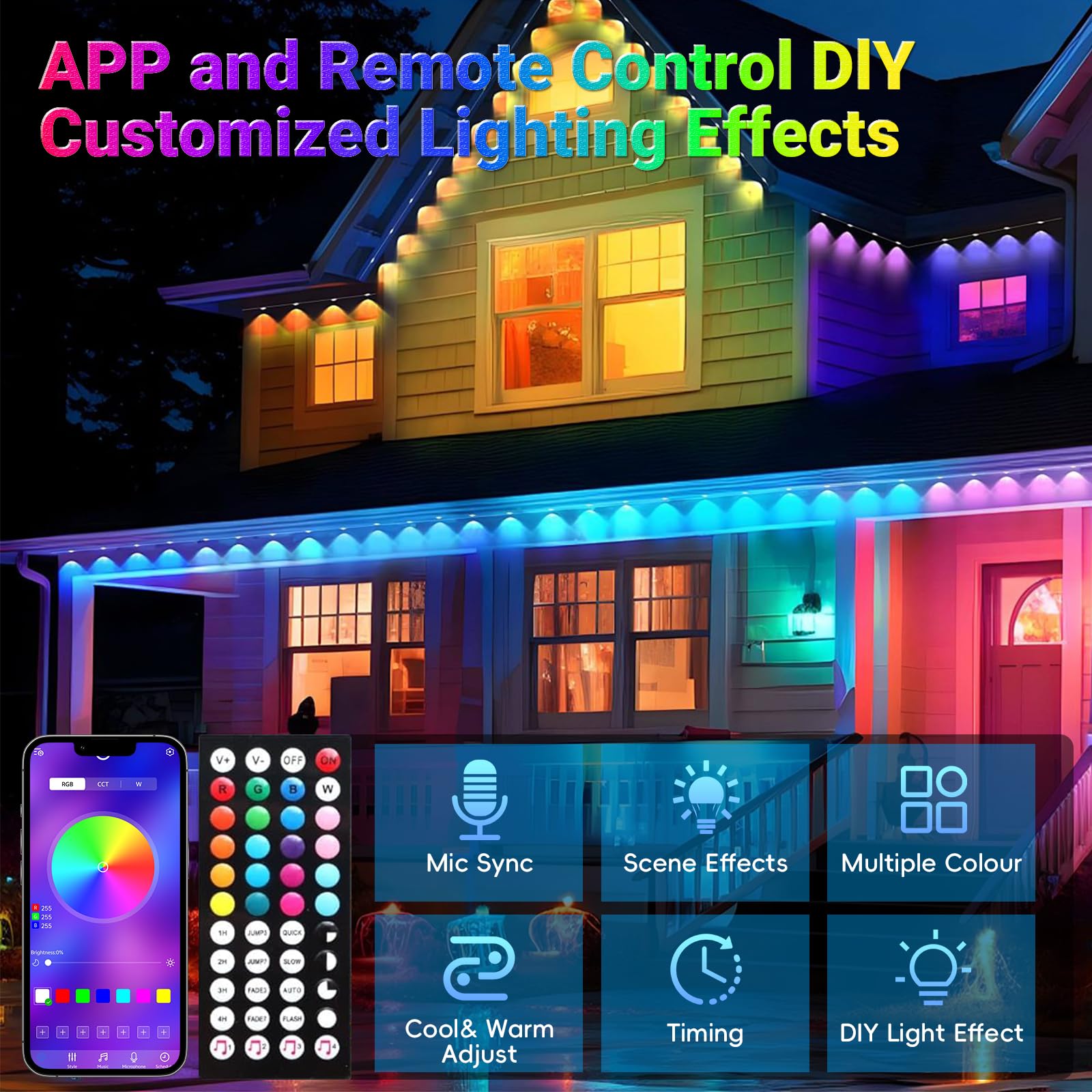 JZVGEN Permanent Outdoor RGB Light, 500FT, IP67 Waterproof, Remote/App Control, 250 LED, Multicolor, Model WWST-150A