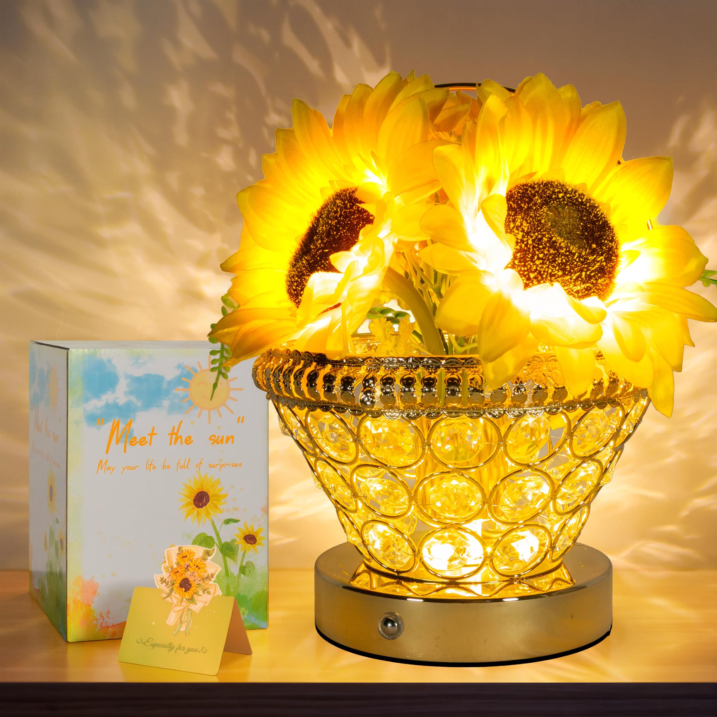 Zqpbled Birthday Gifts For Women  Gift Basket For Mom Sunflower Cordless Table Lamp 3 Color Crystal Lamps Touch Bedside Lamps Infinitely Dimming With Usb Charge Small Night Light For Bedroom