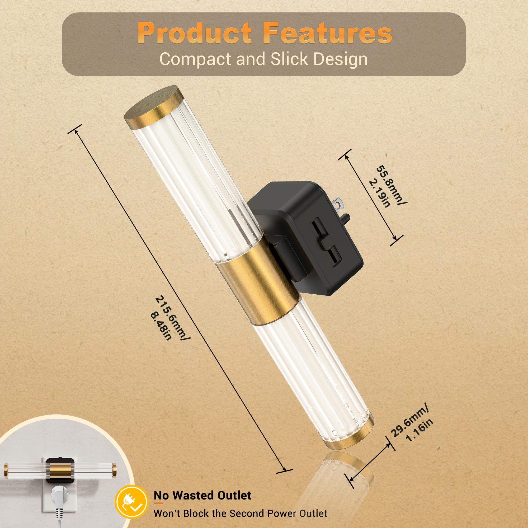 JandCase Night Light, Dimmable 0-100LM, Soft White 3000K, Plastic, 1 Pack, Gold-3000K, Model C-GY22602US