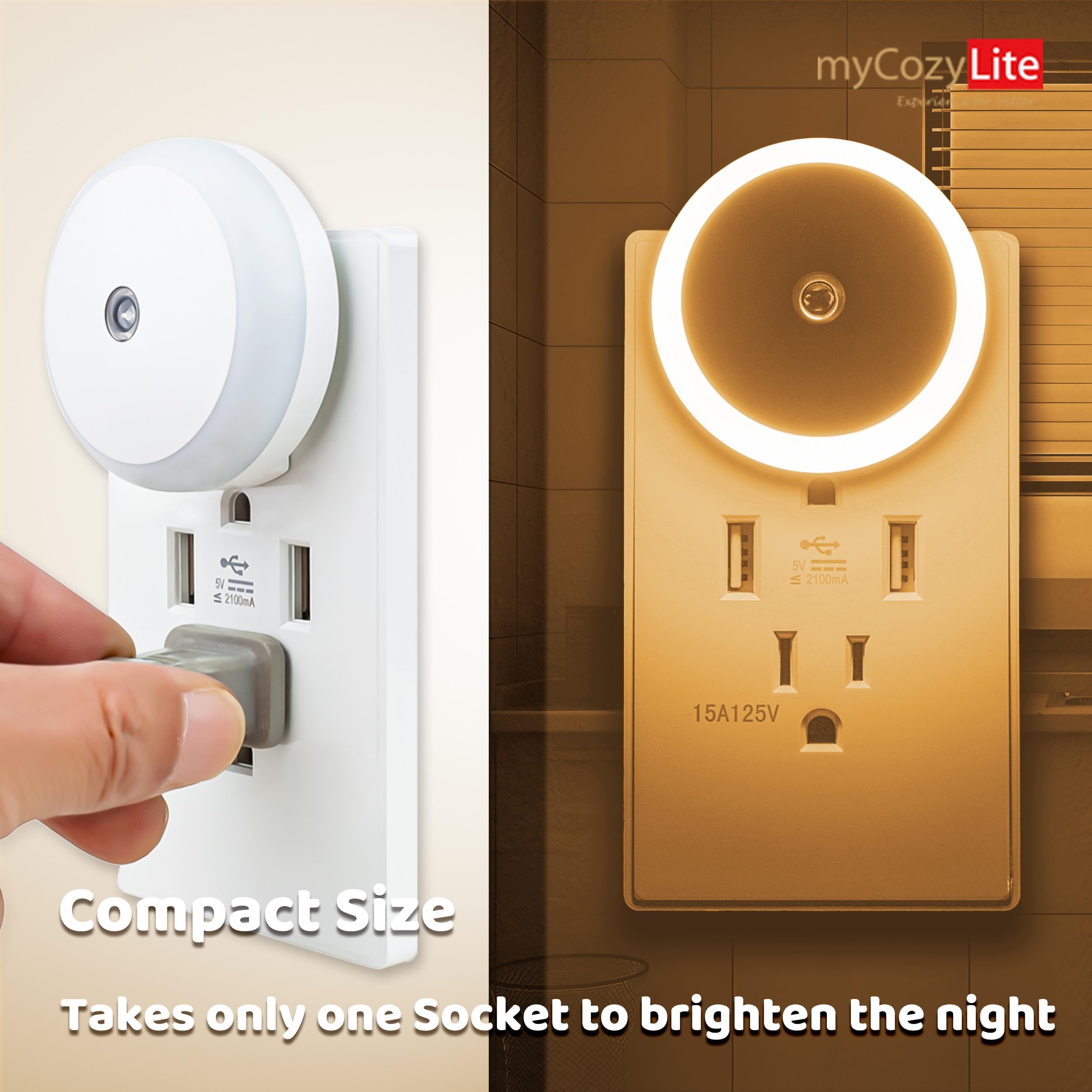 Mycozylite Led Night Lights Plug Into Wall, 2 Pack, Warm Hue, Plug In Night Light, Dusk To Dawn Sensor, Automatic Dimming, Night
