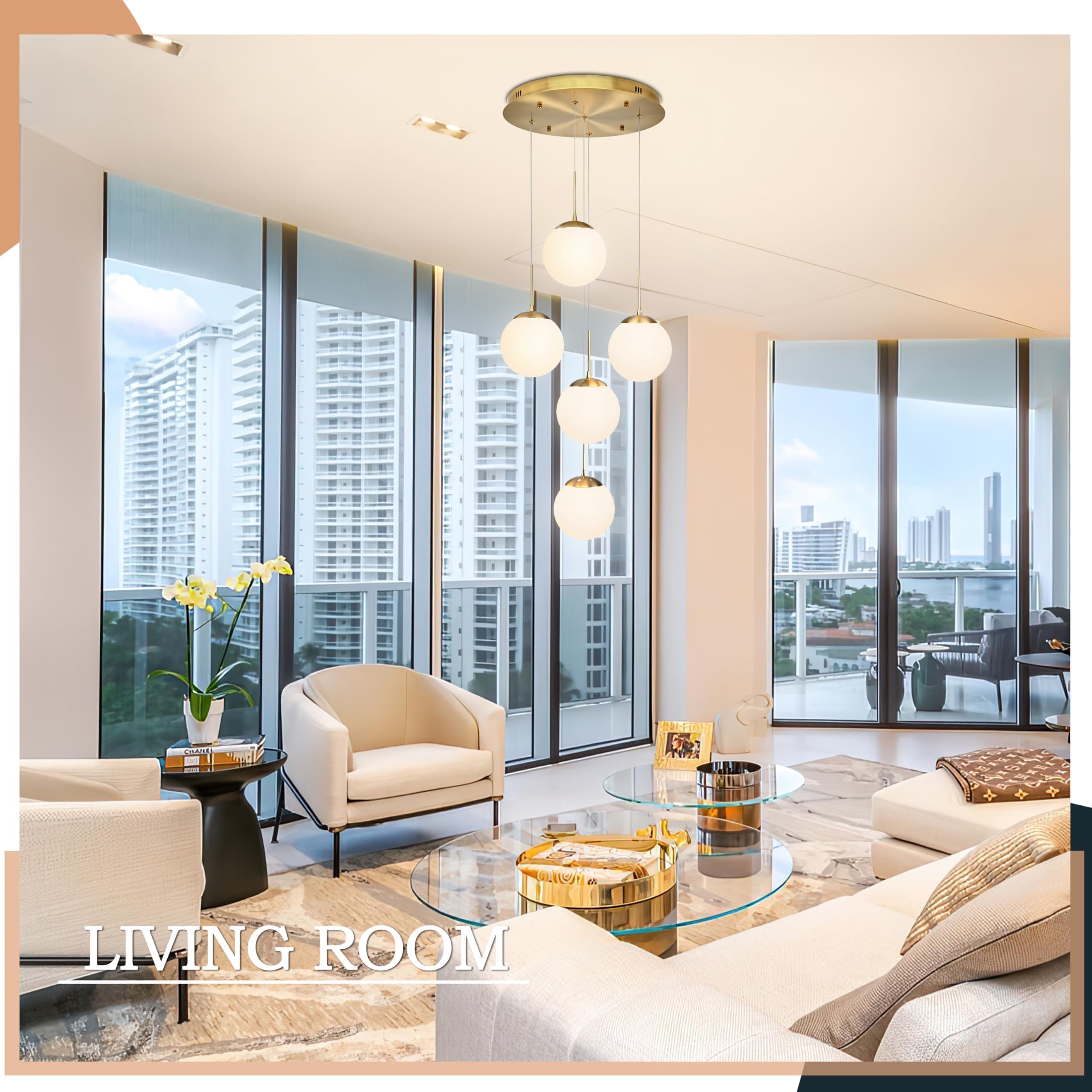 Koko&Yukina 5-Light Globe Glass Pendant Light Adjustable Length Pendant Lights Fixtures Modern Gold Chandelier With Milky White