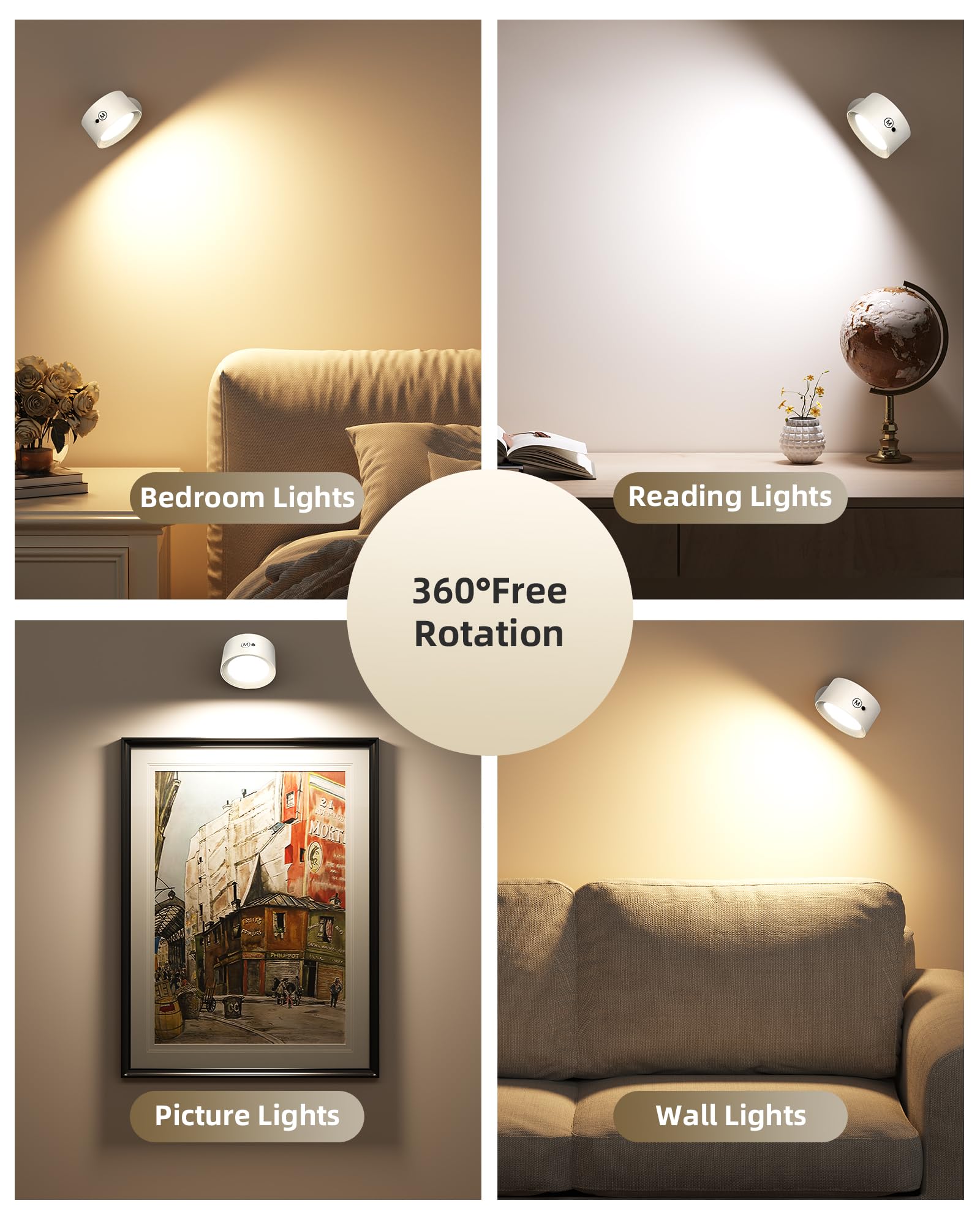 AMETHEUS LED Wall Mounted Lights, 3 Color Temps, Rechargeable, 360° Dimmable, White, 2 Pack, Model WL02