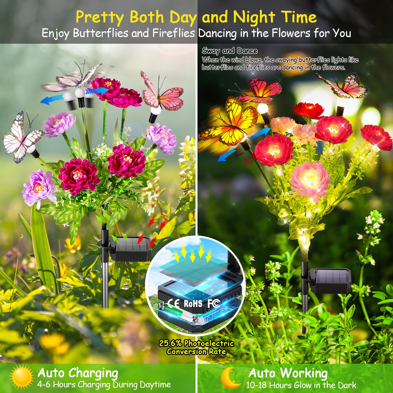 Garpar Solar Garden Lights - 3 Pack Butterfly & Flower Design, Waterproof Outdoor Decor, Yellow, Pink, Purple, Model: Butterfly Flower Lights03