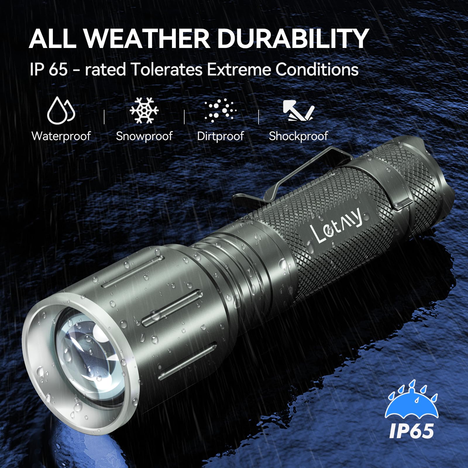 LETMY LED Flashlight 2 Pack - Super Bright, Zoomable, 5 Modes, Waterproof, Aluminum, Battery Powered-Grey, Model L2