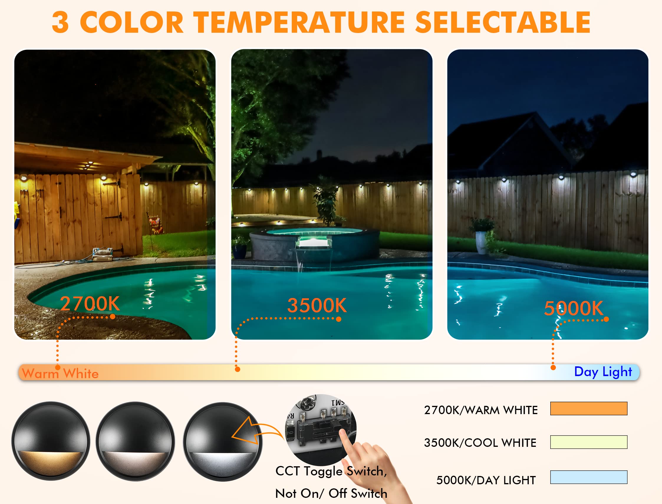 CLOUDY BAY Low Voltage LED Deck Lights [12 Pack] 3CCT 2700K/3500K/5000K, Aluminum, Black, Model CBDL93CWH-