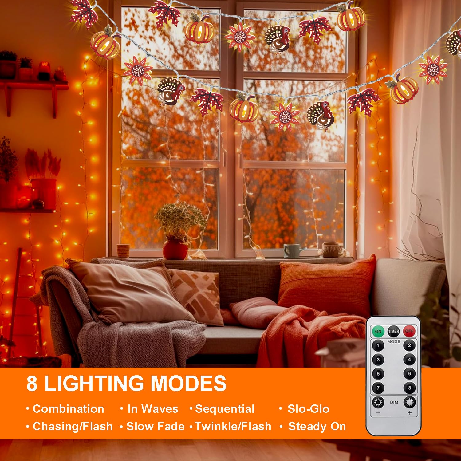 HUGSVIK 20 LED Maple Leaf Pumpkin Turkey Thanksgiving Lights, Battery Operated Thanksgiving Decorations Fall Lights for Home Aut