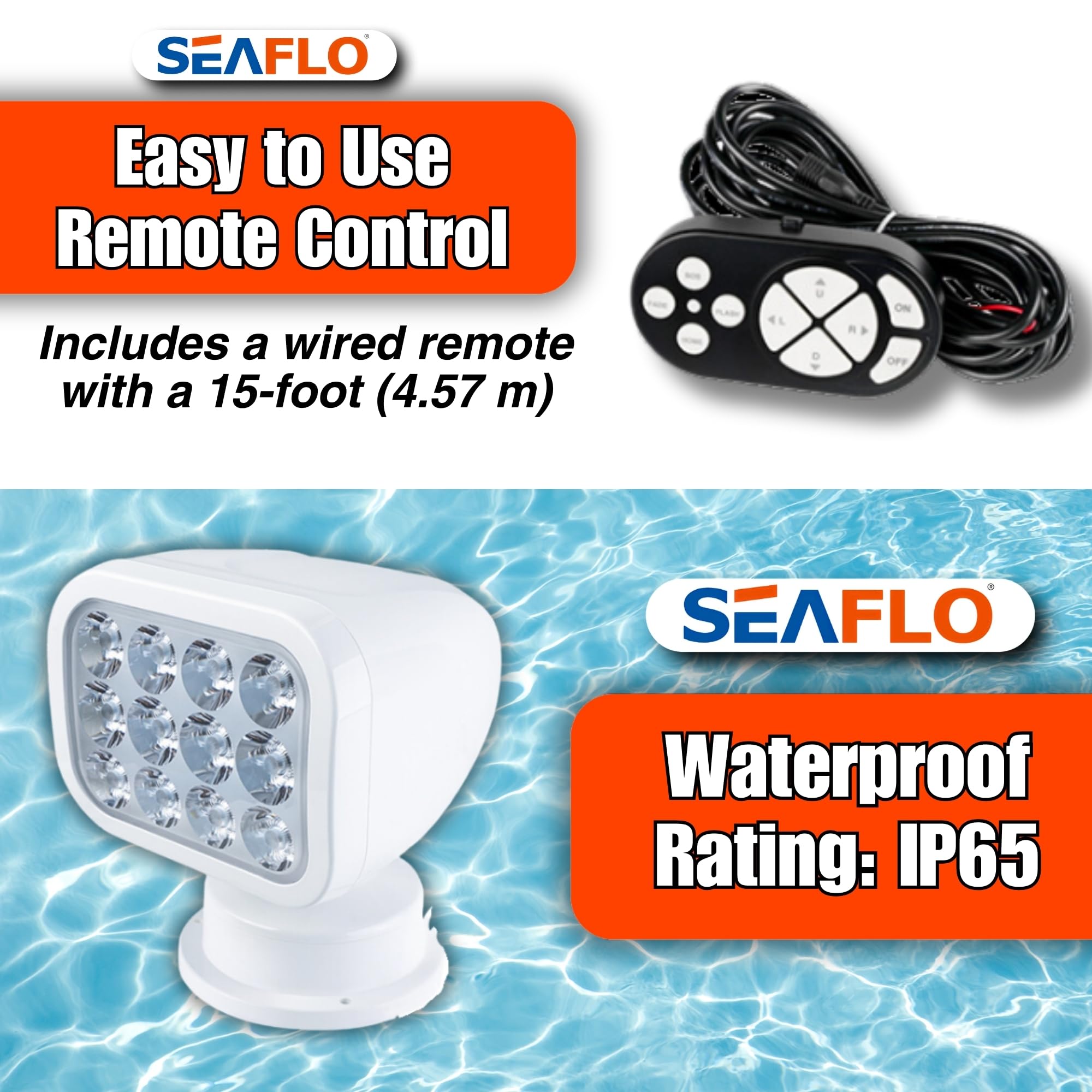 SEAFLO 360° Rotating Remote Control LED Searchlight, IP66 Waterproof, 5500K White Light, Wired Remote, Model SFSL-2700W-01W