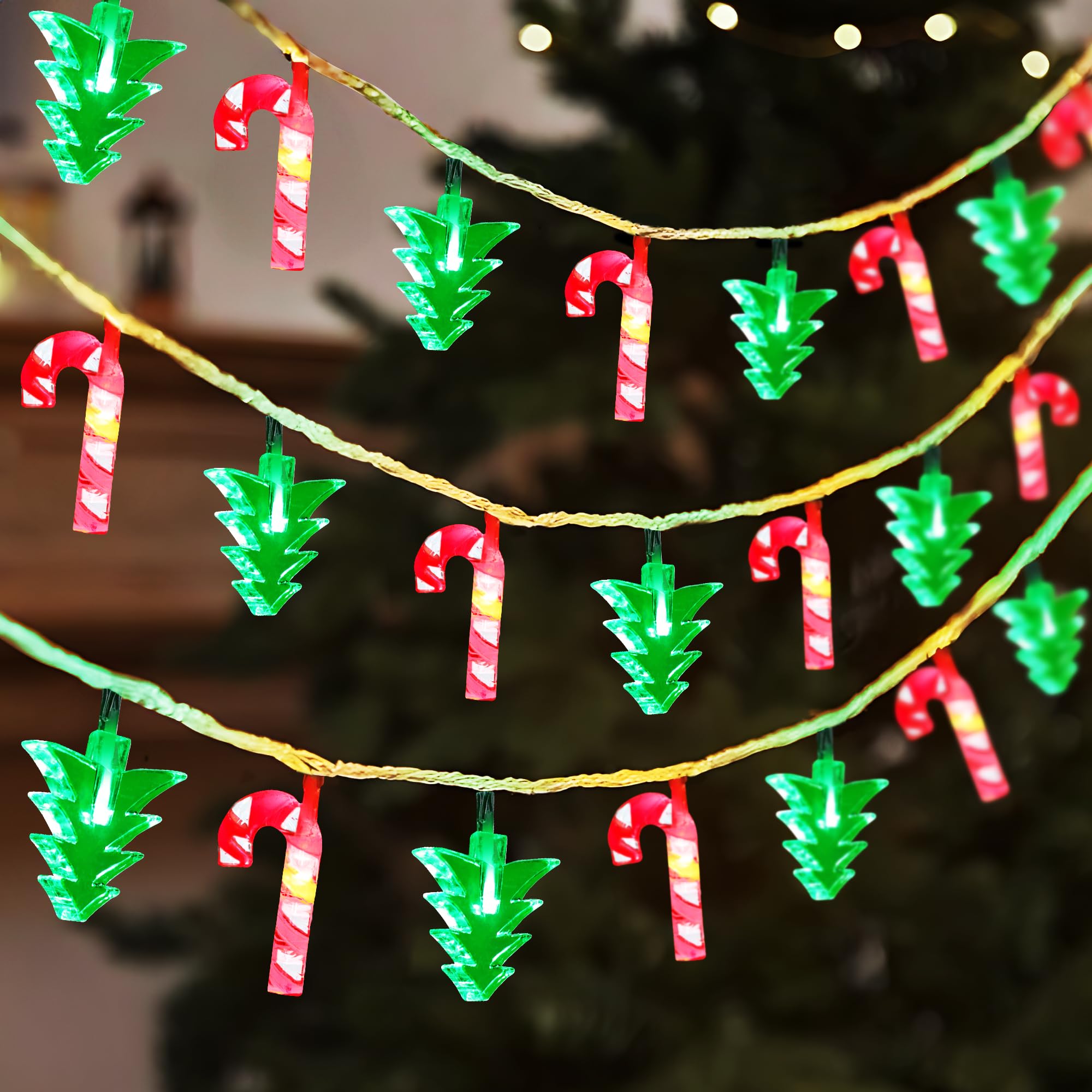 Christmas Decorations Lights, 10.3ft 20 Led Battery Christmas Lights with Timer & 8 Modes, Green Xmas Tree & Red Cane String Lig