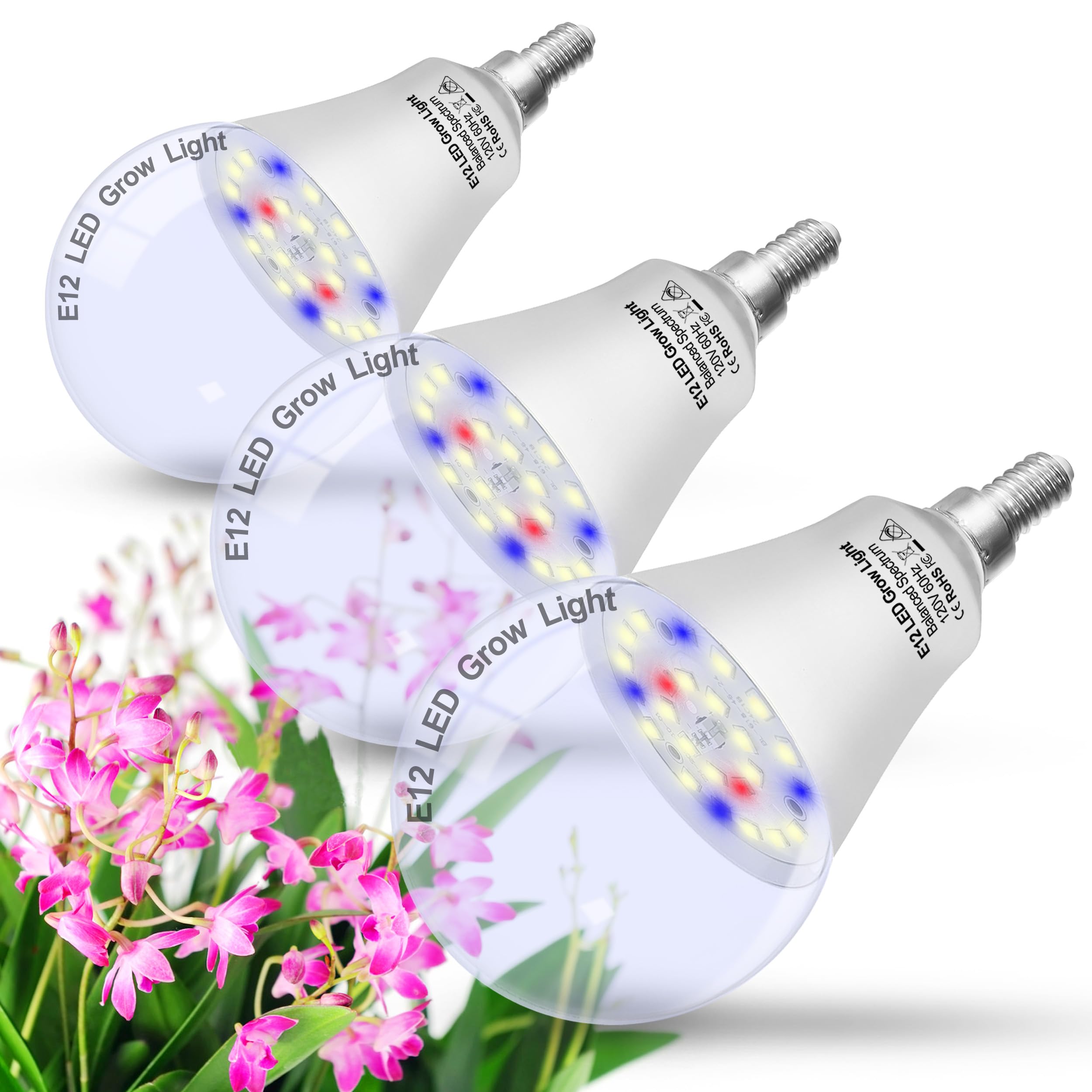 ALIDE E12 Candelabra Grow Light Bulbs 10W Full Spectrum 5000K Red Blue 3-Pack