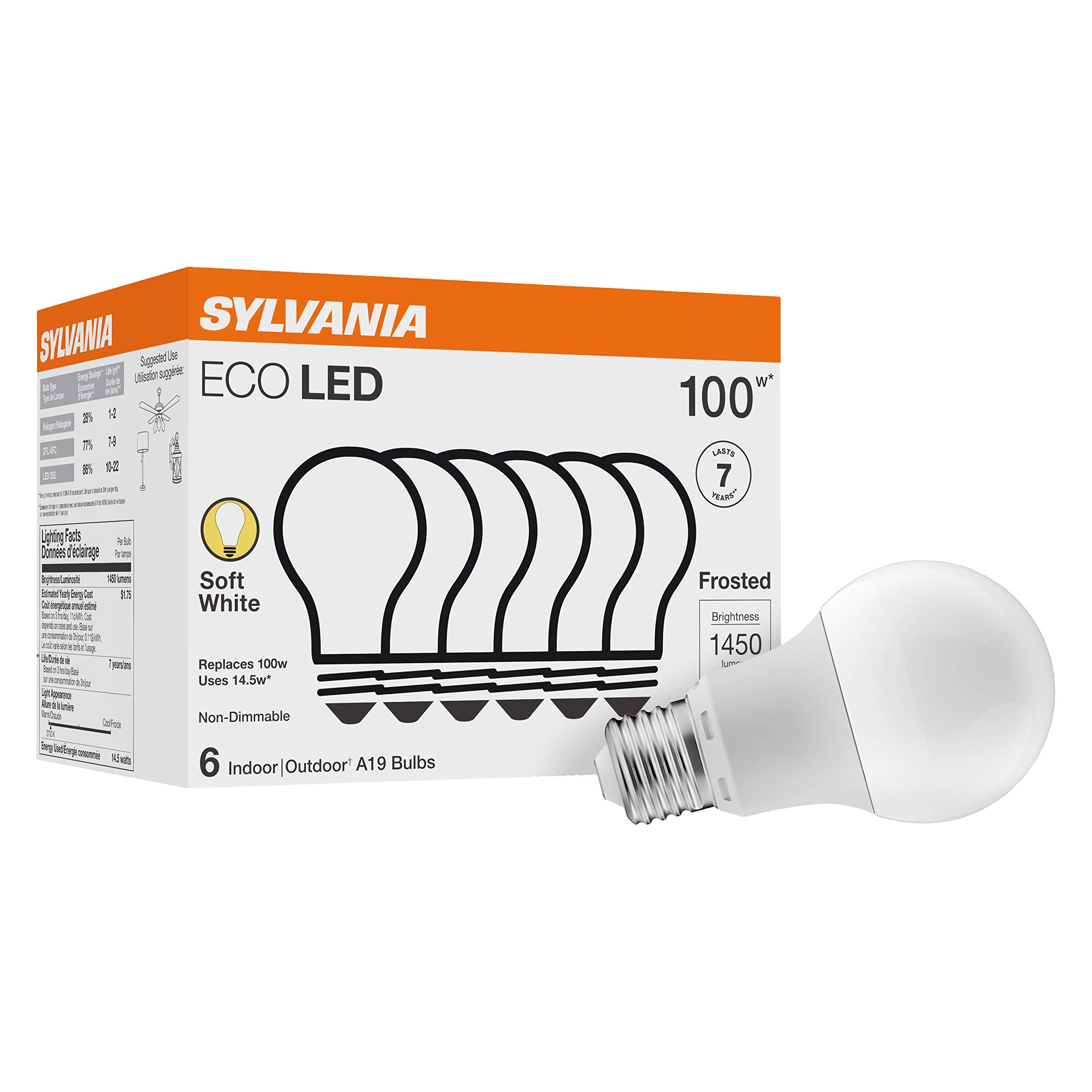 Sylvania Eco Led A19 Light Bulb, 100W Equivalent, Efficient 14.5W, 7 Year, 1450 Lumens, Non-Dimmable, Frosted, 2700K, Soft White