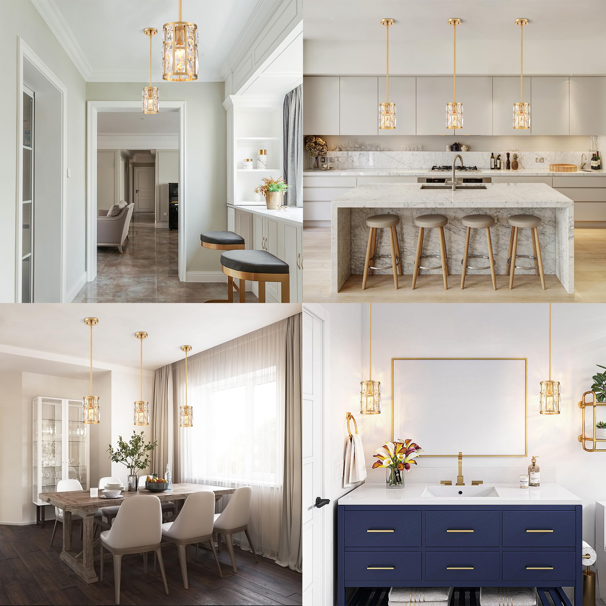 Modern Crystal Pendant Light Fixture 3-Pack Gold Finish Hanging Lighting Crystal Chandelier For Kitchen Island