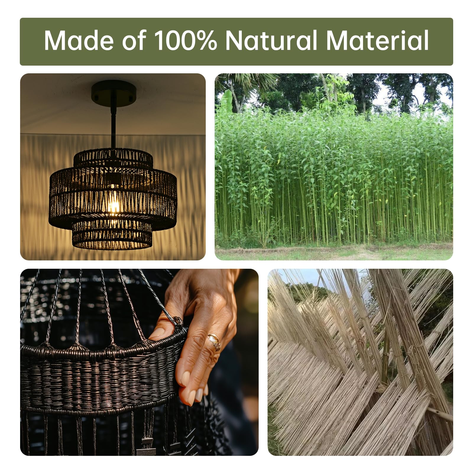 Intermaka 12.4    Black Boho Rattan Chandelier Light Fixture, 1-Light Hand Woven Pendant Light Fixture Farmhouse Rustic Hanging