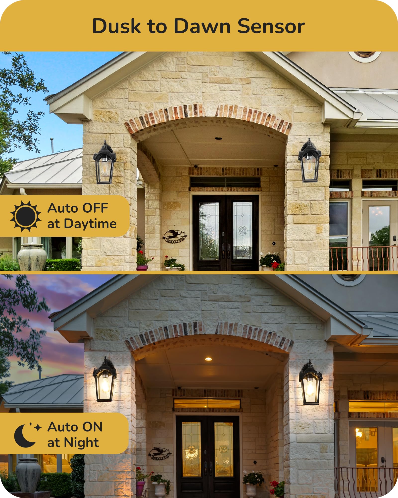 EDISHINE Dusk to Dawn Outdoor Wall Lights, Waterproof Exterior Light Fixtures, Black Wall Sconce Porch Lighting with Clear Tempe